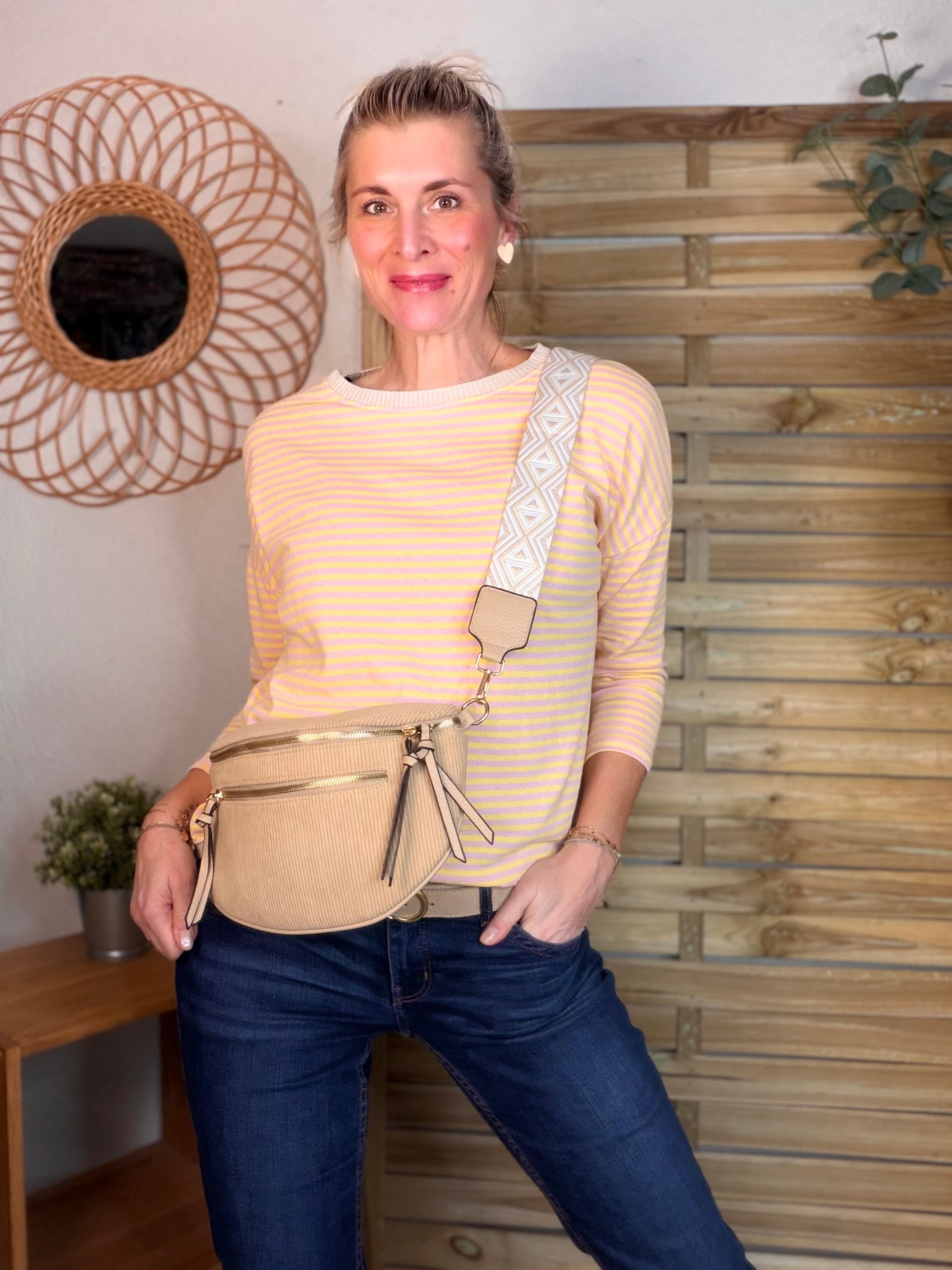 Sac banane en velours côtelé, sangle fantaisie - KATY - Camel clair