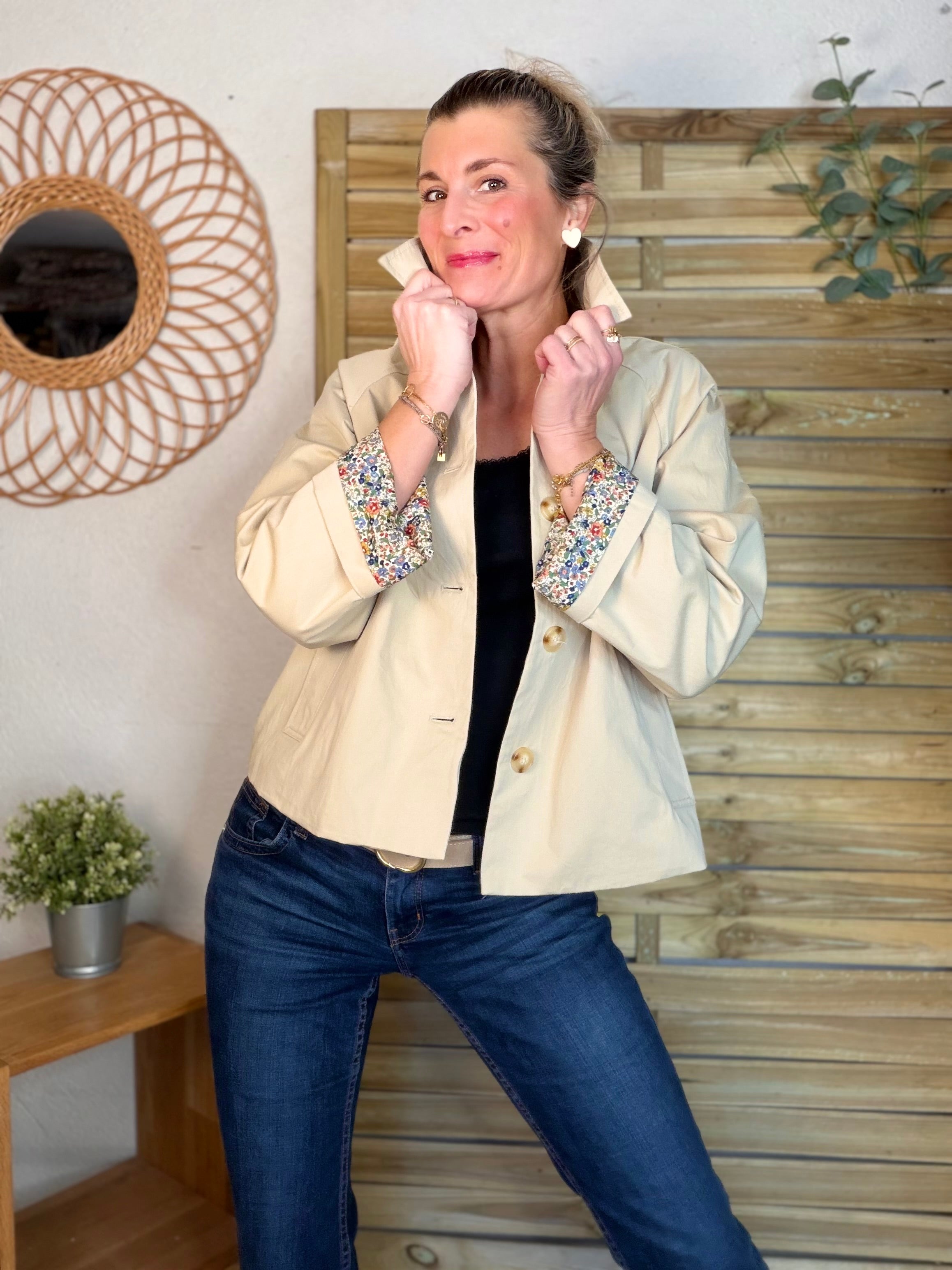 Veste Trench en coton beige avec Liberty - MARION (Taille 2 ans à la Taille L)