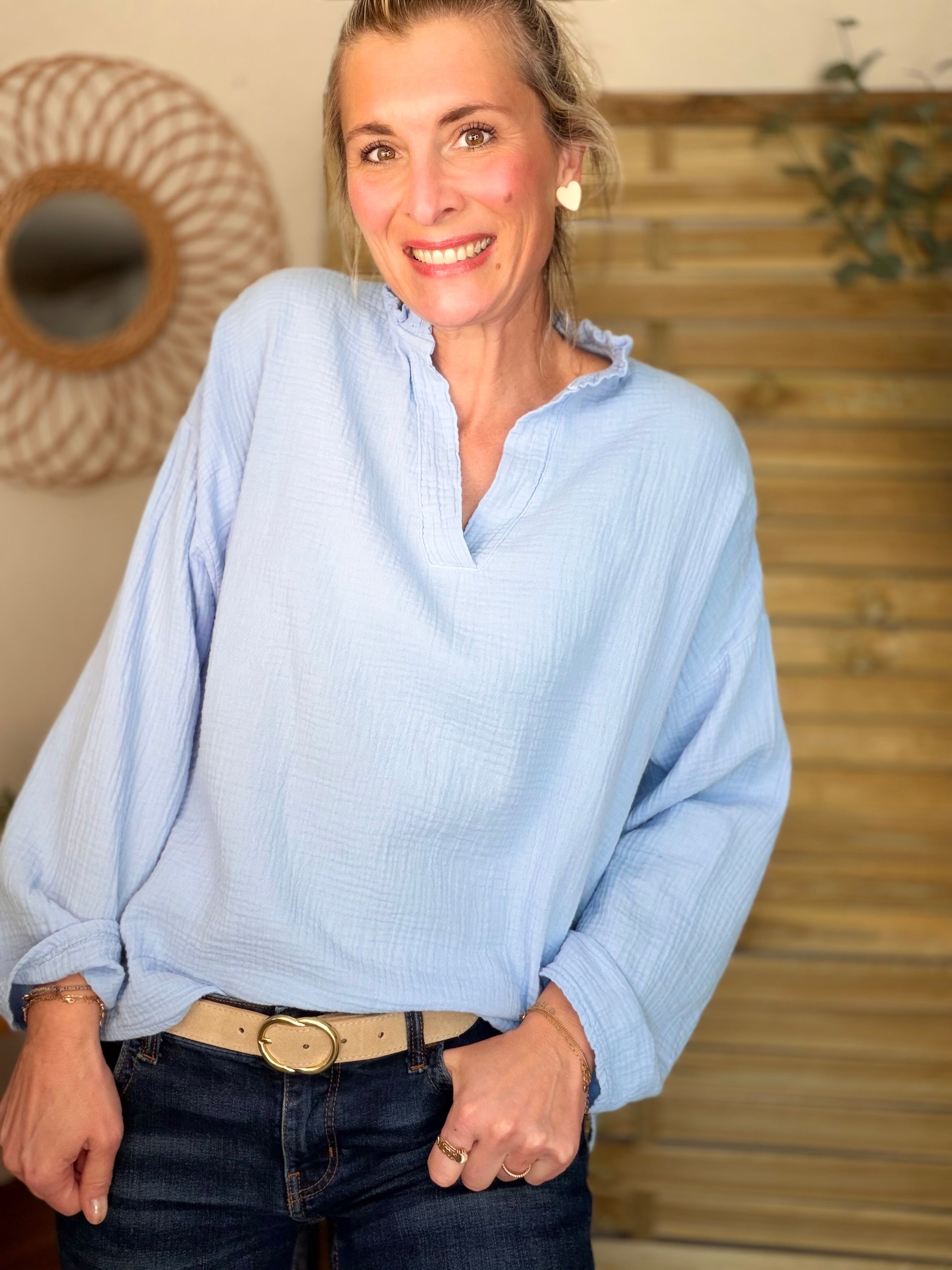 Blouse en gaze de coton SIERRA Bleu ciel