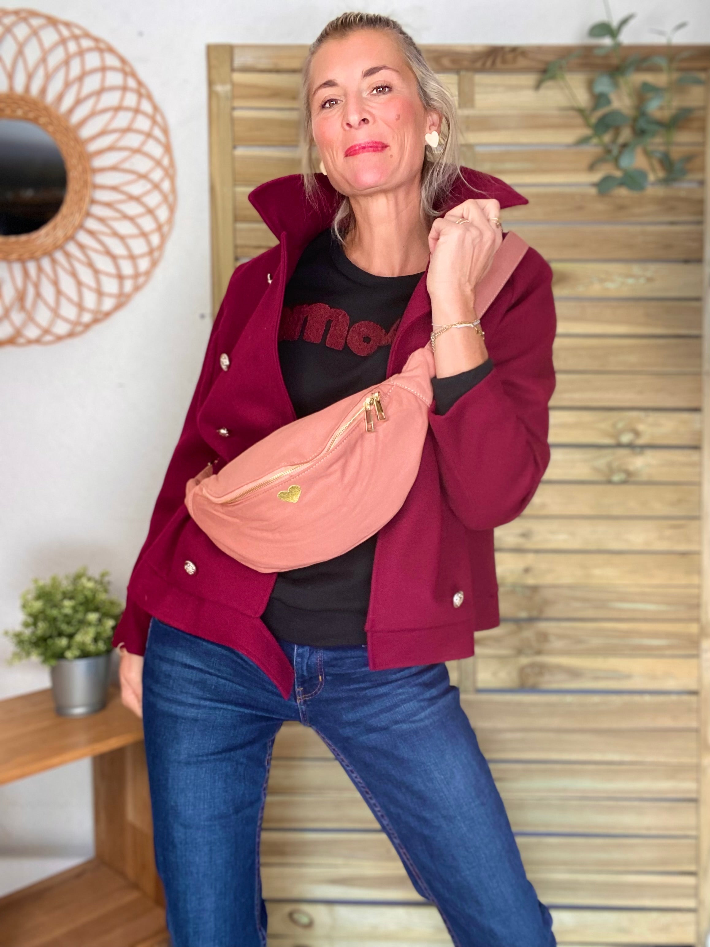 Sac banane en coton Coeur brodé 💛 CASSIDY - Vieux rose