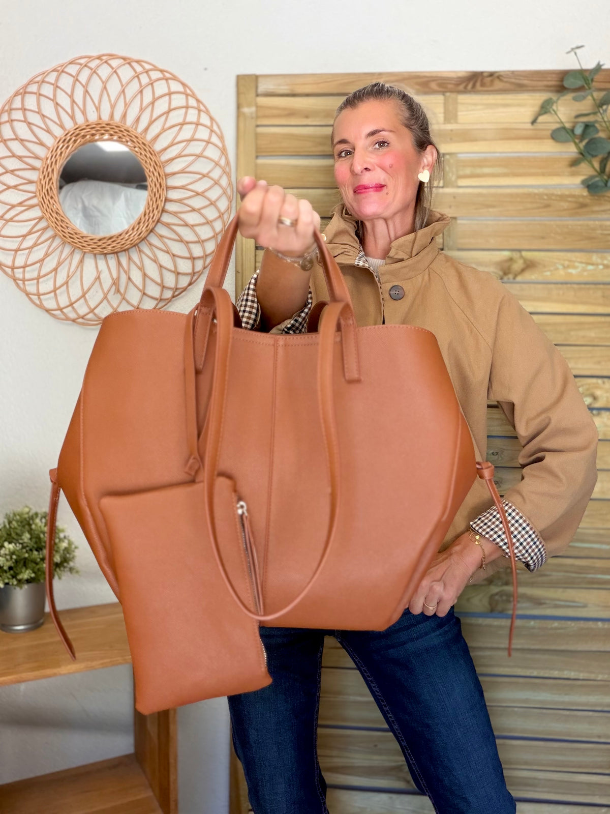 Grand Sac cabas 2 en 1 en simili cuir grainé - PAULE Camel grainé