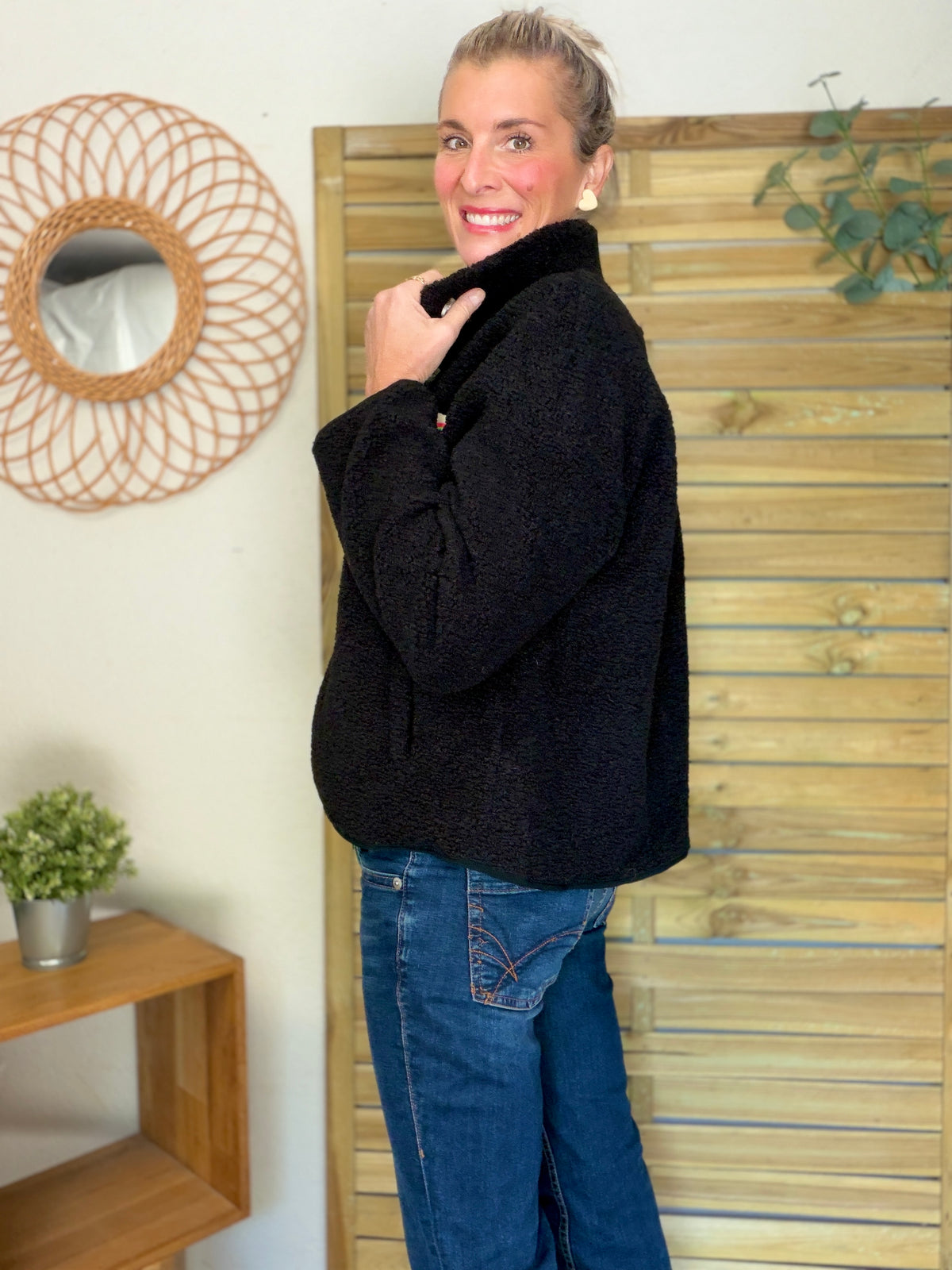 Veste Sherpa boutonnée écusson Arc-en-ciel ÉNORA Noir