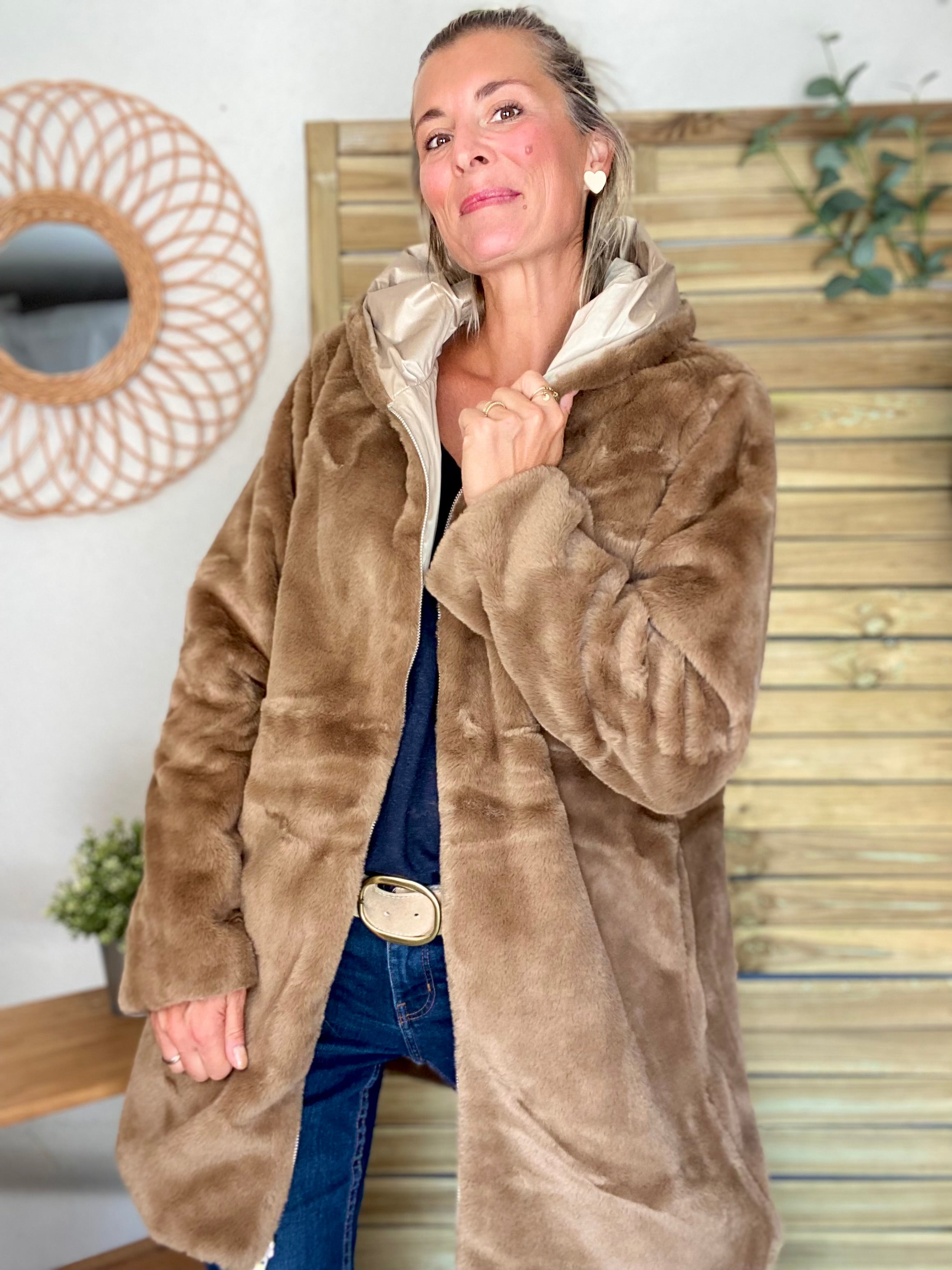 Parka Imperméable réversible fourrée Sable irisé / Camel ALIX - LAURA JO