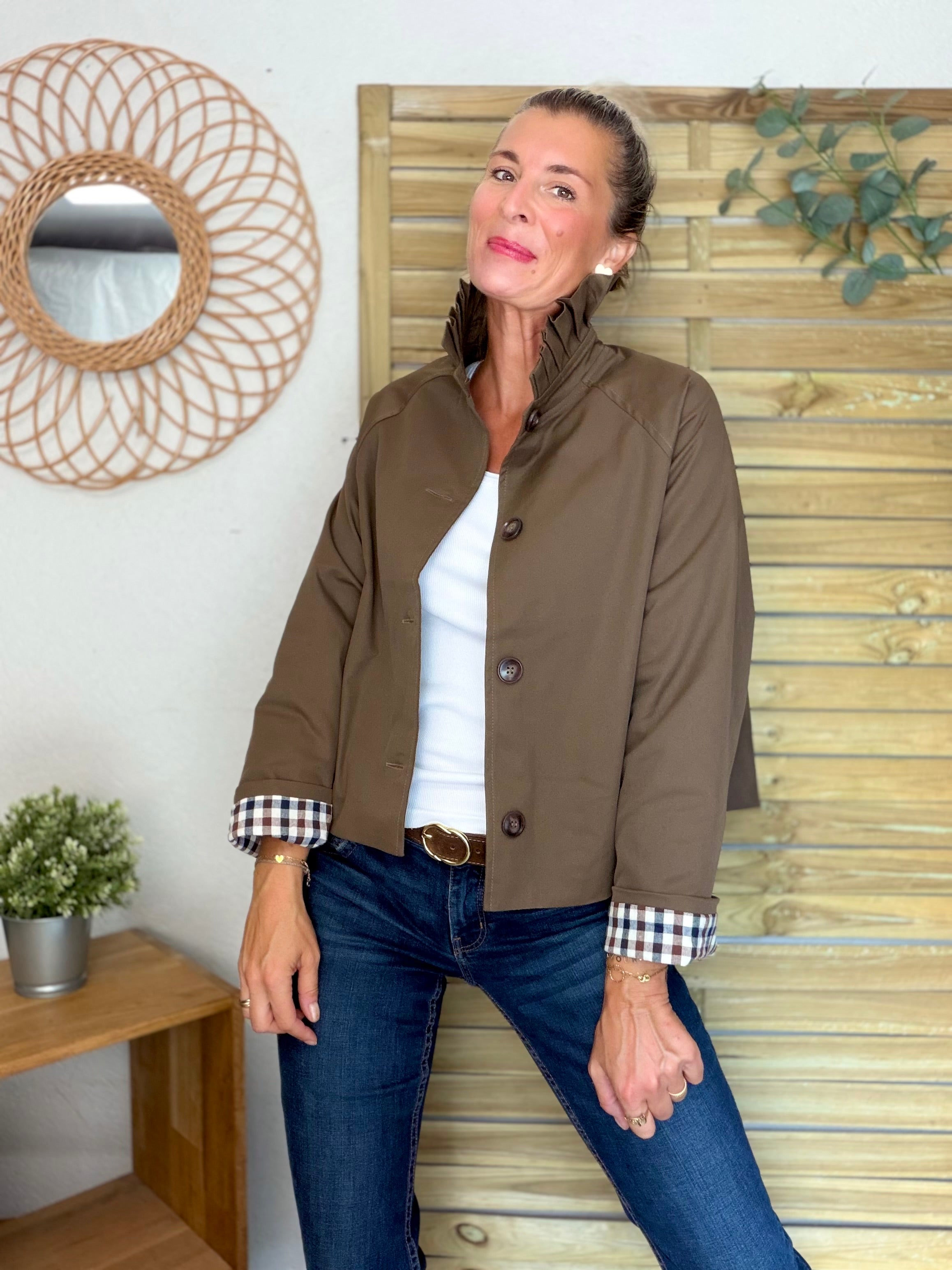 Veste Trench col victorien, revers carreaux - VICKY Café