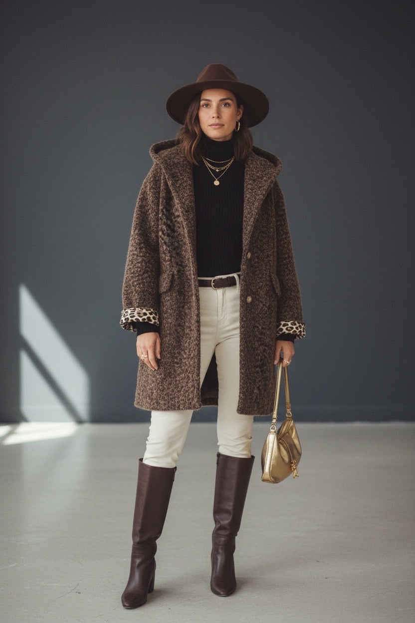 Manteau en laine EUGÉNIE avec détails Léo 🐆 - Chocolat