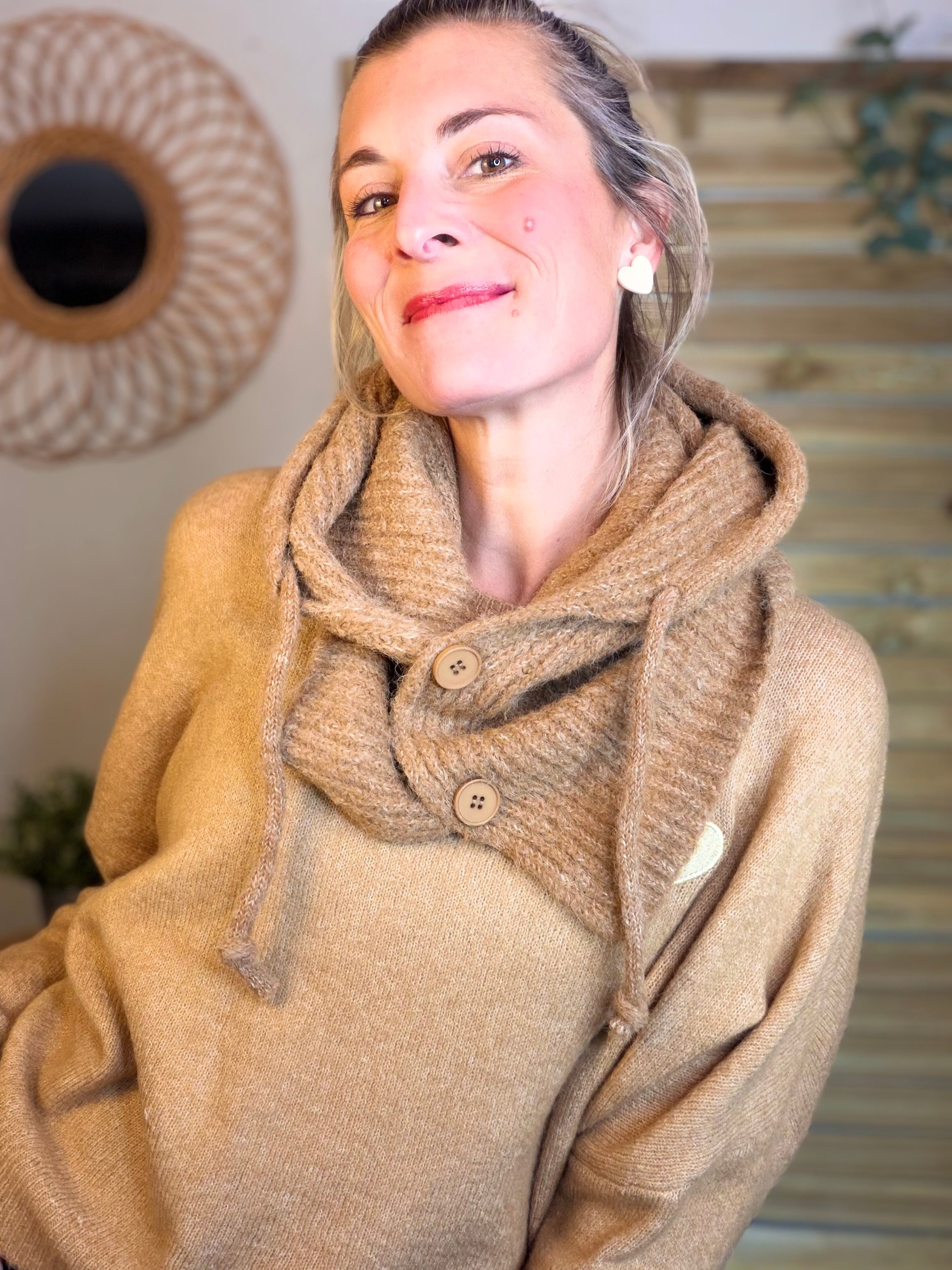 Col cagoule LORIE en maille avec bouton - Camel