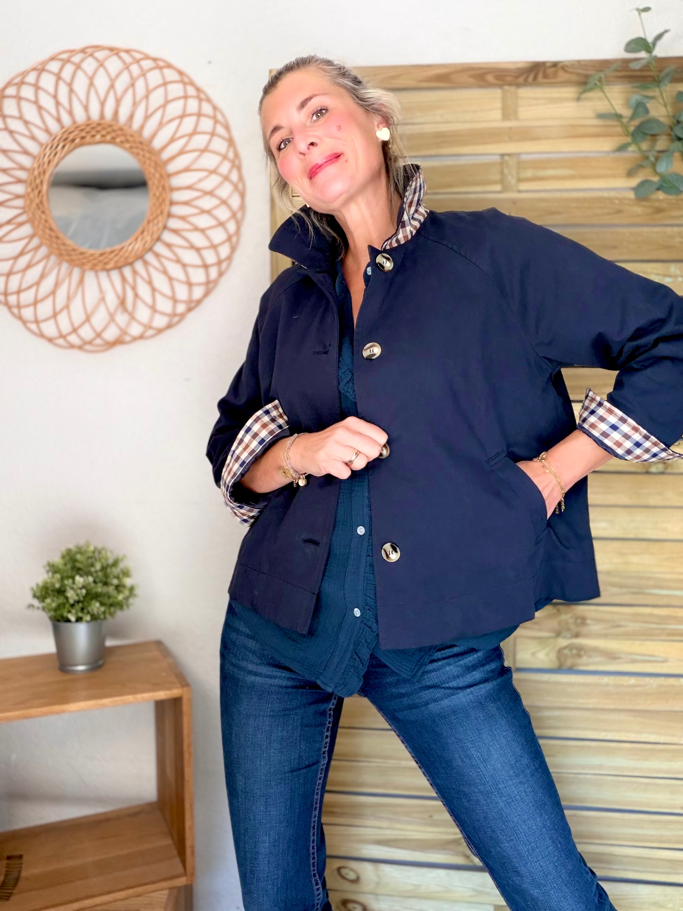 Veste Trench en coton avec carreaux - SOLÈNE Bleu marine
