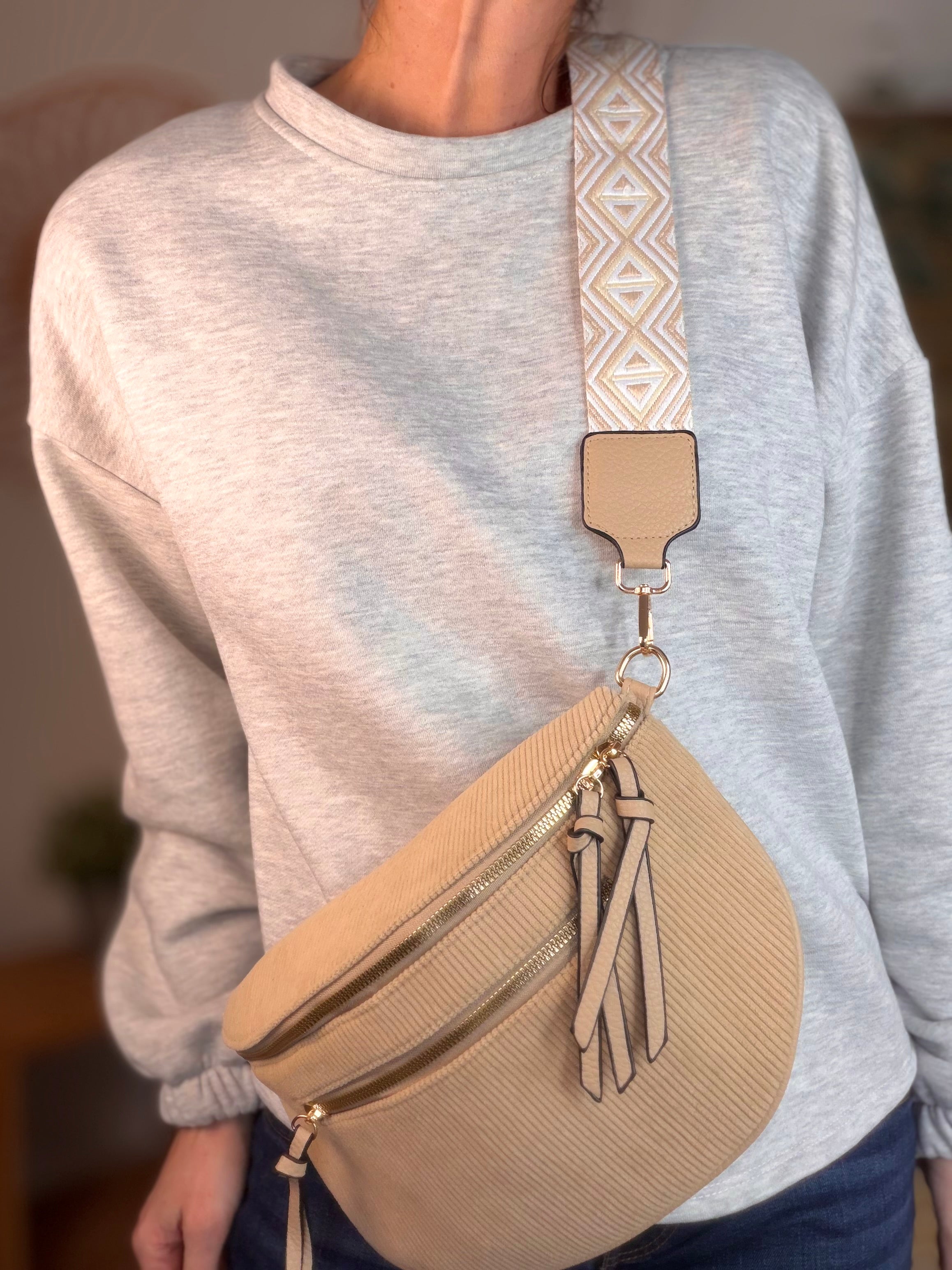 Sac banane en velours côtelé, sangle fantaisie - KATY - Camel clair