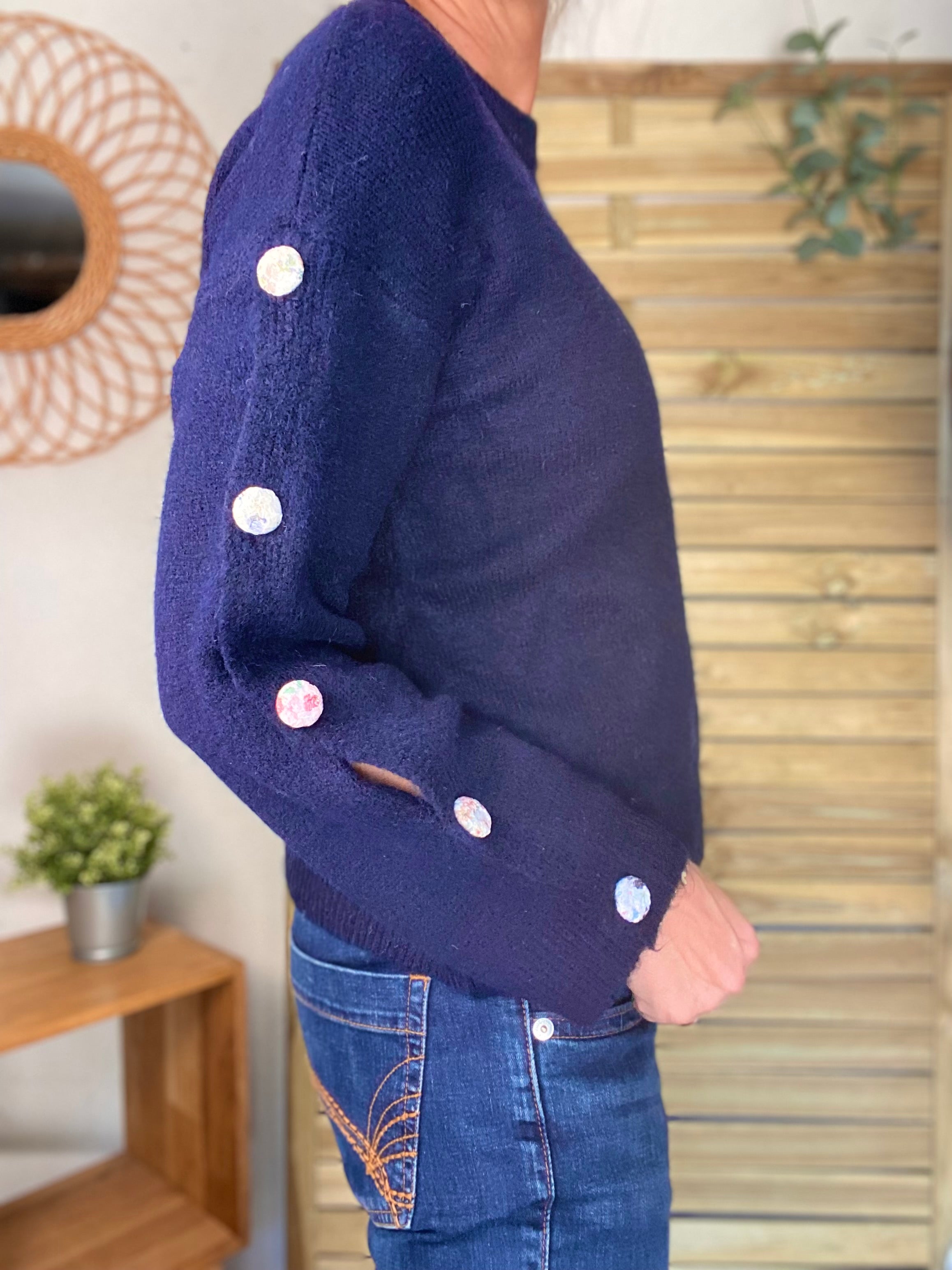 ⚡️ PÉPITES FRIDAY - Pull boutons tissu fleuri - Bleu marine - HAZEL