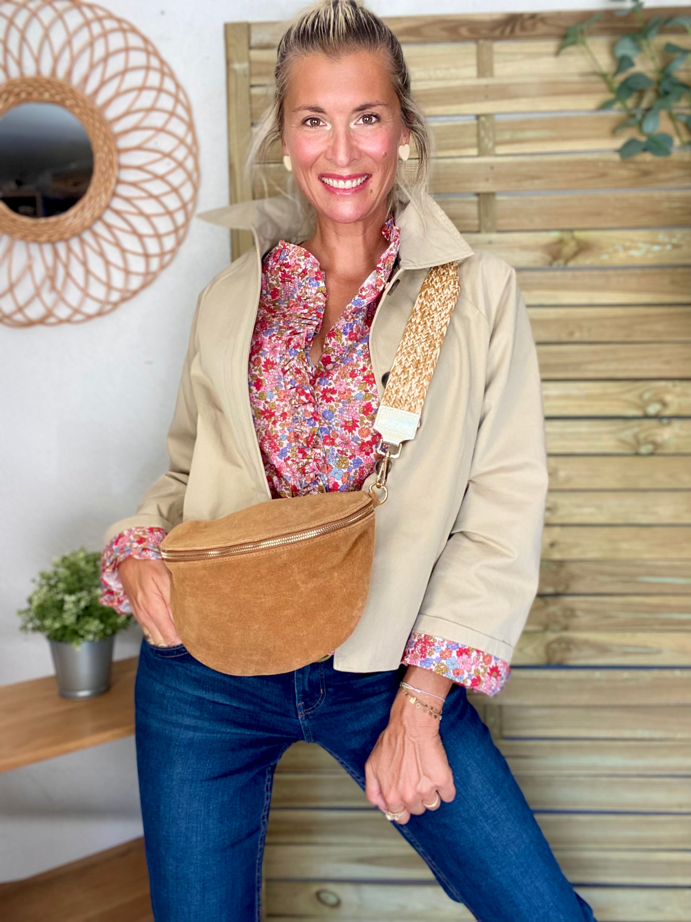 Veste Trench en coton beige avec Liberty - MAHAUT