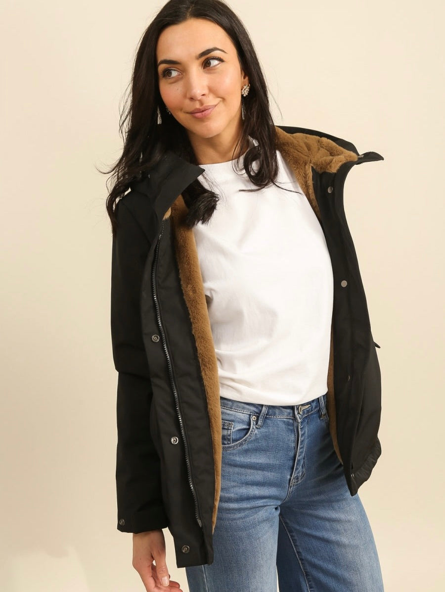 LAURA JO - Parka fourrée imperméable AMBRE MI-LONG - Noir / Camel