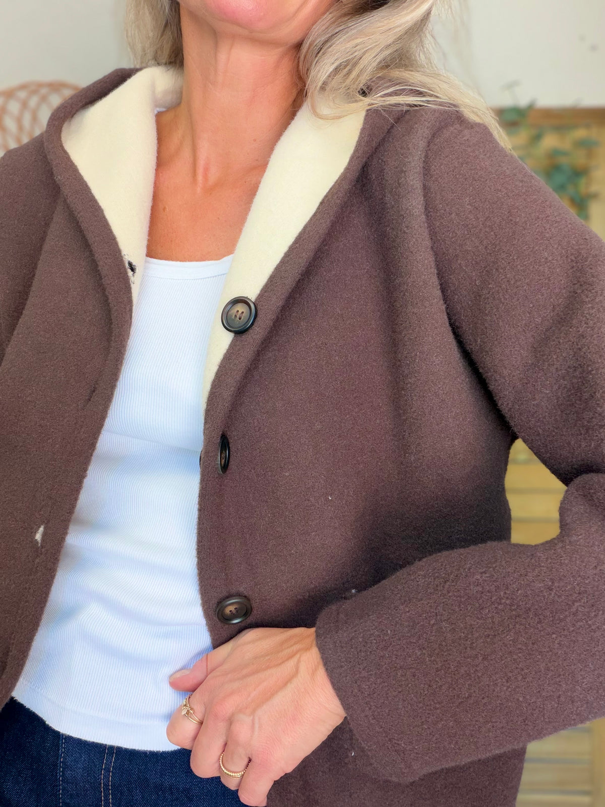 Veste / Gilet chaud réversible avec capuche ORIANE Choco / Beige