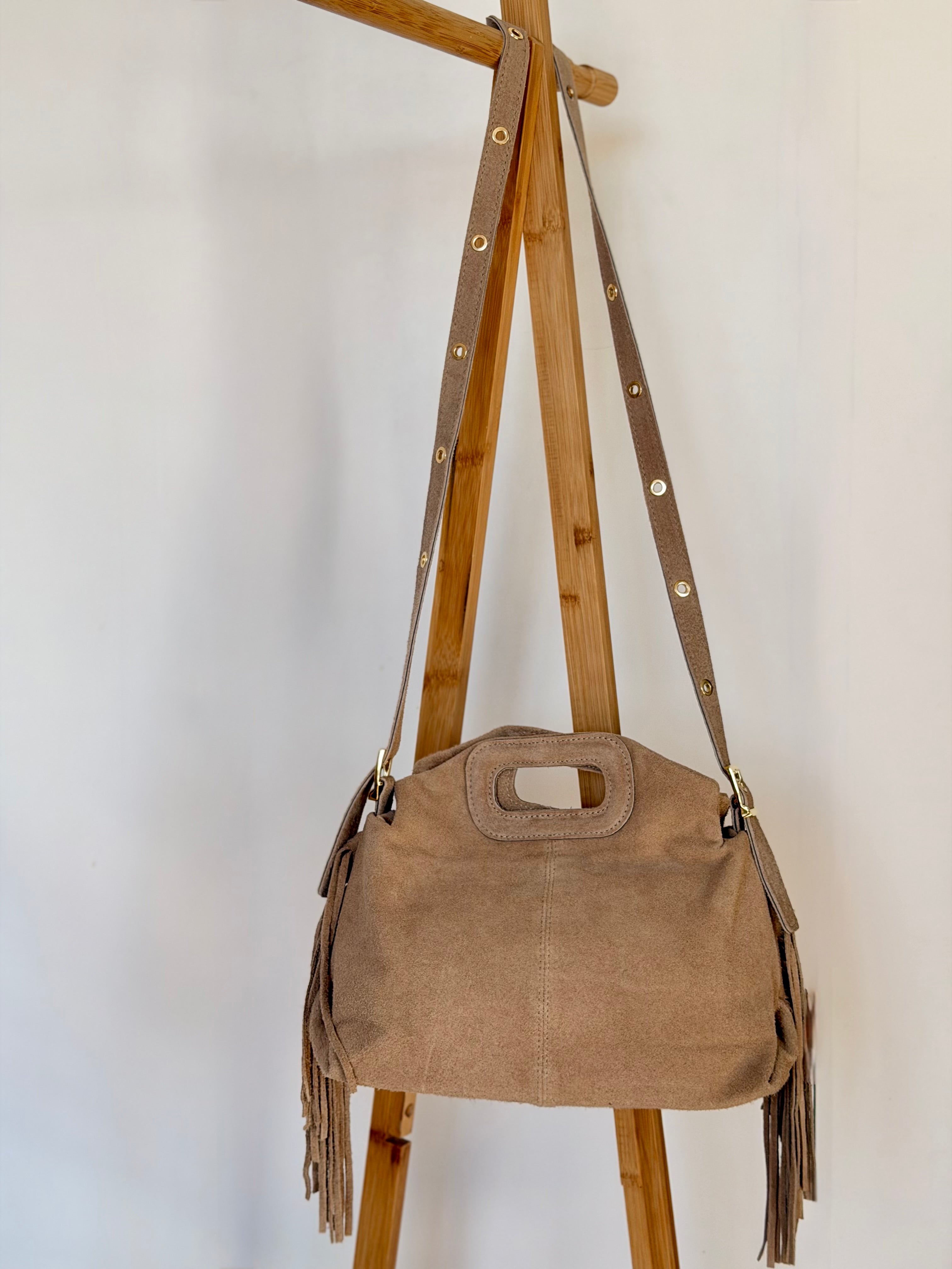 Sac en cuir daim avec franges LOGAN - Beige clair