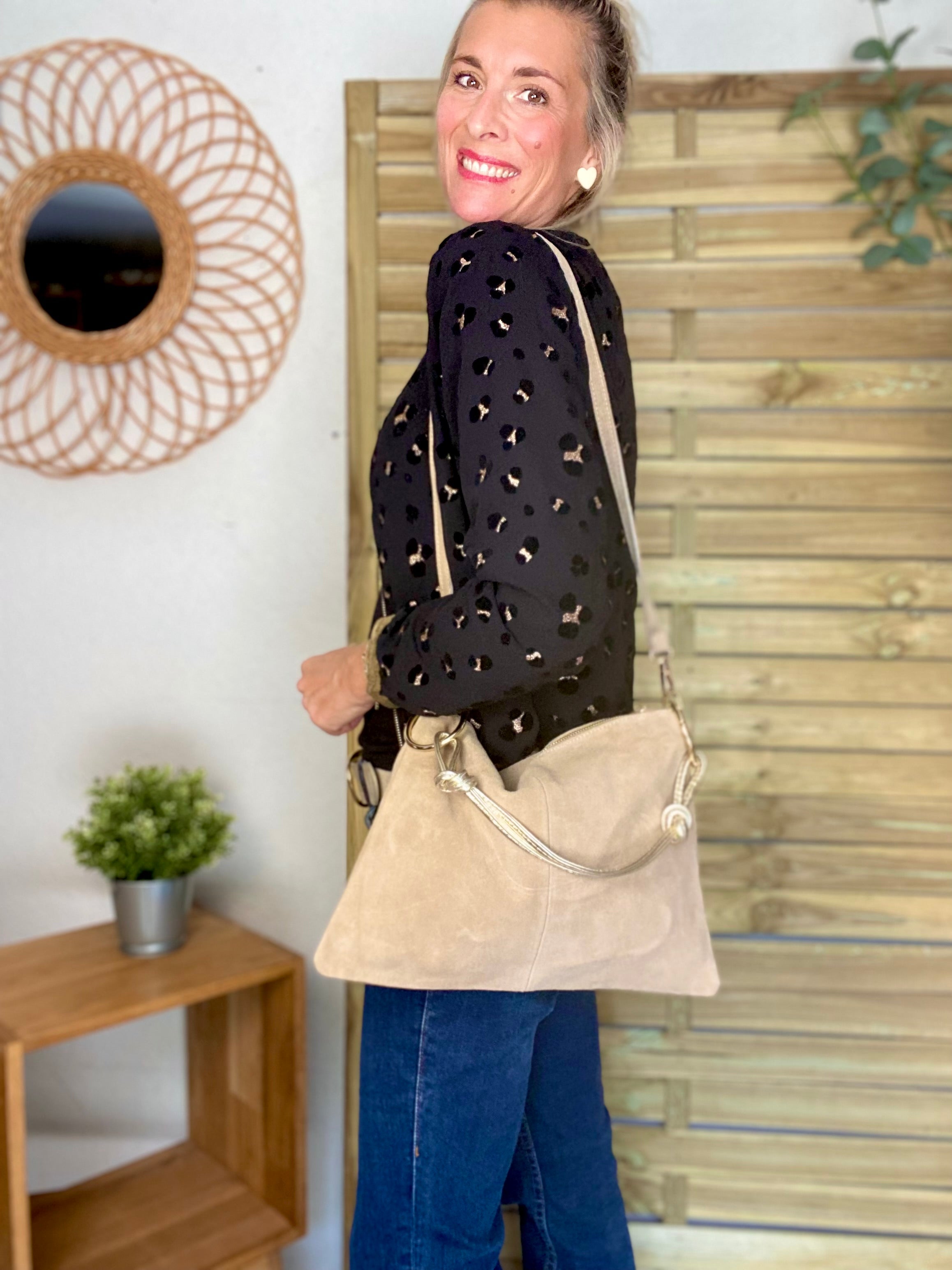⚡️PÉPITES FRIDAY - Sac en cuir daim 2 bandoulières (or et beige) - Beige - PACEY