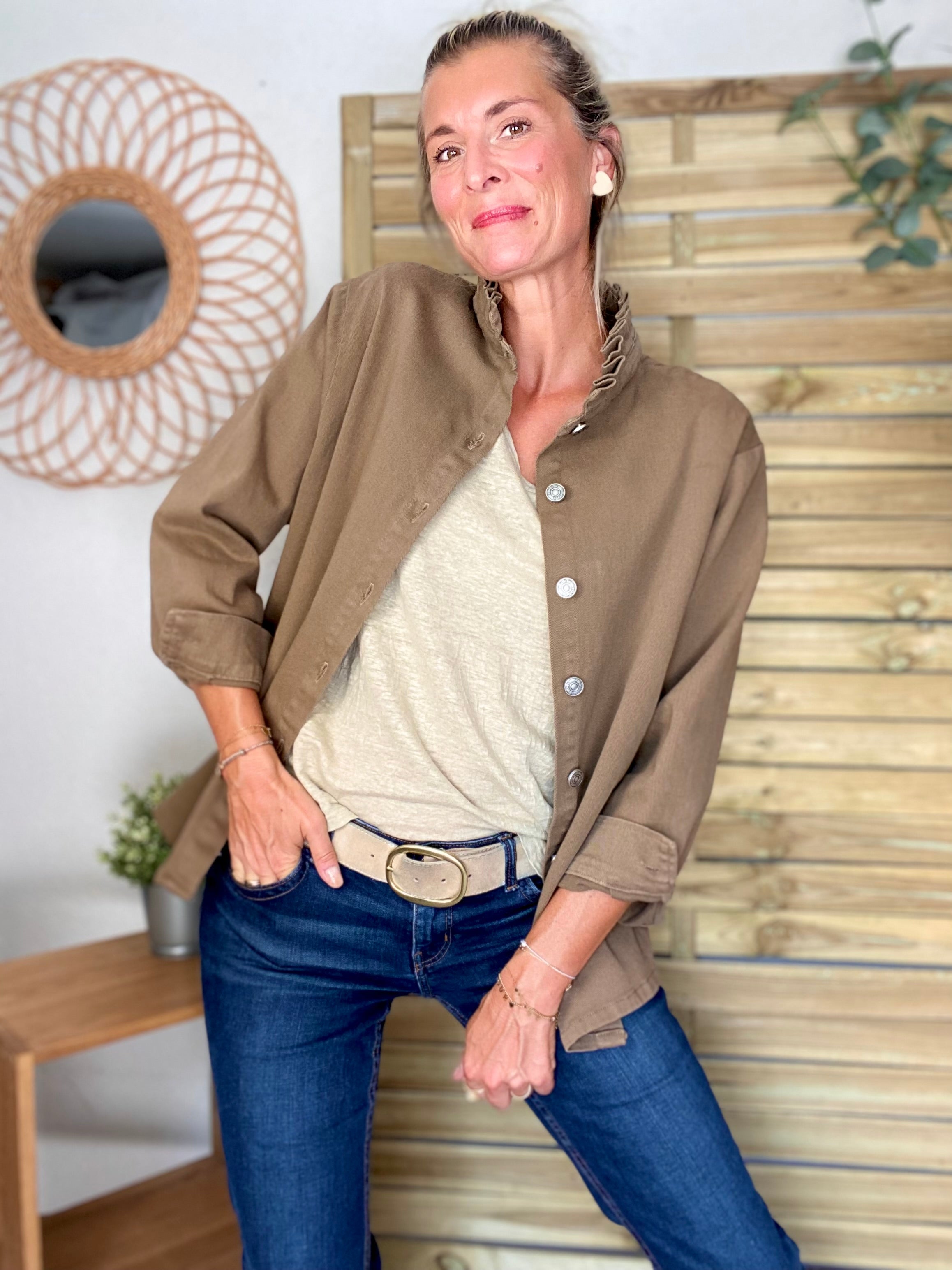 Veste / Chemise en coton, col volanté Camel foncé LISON