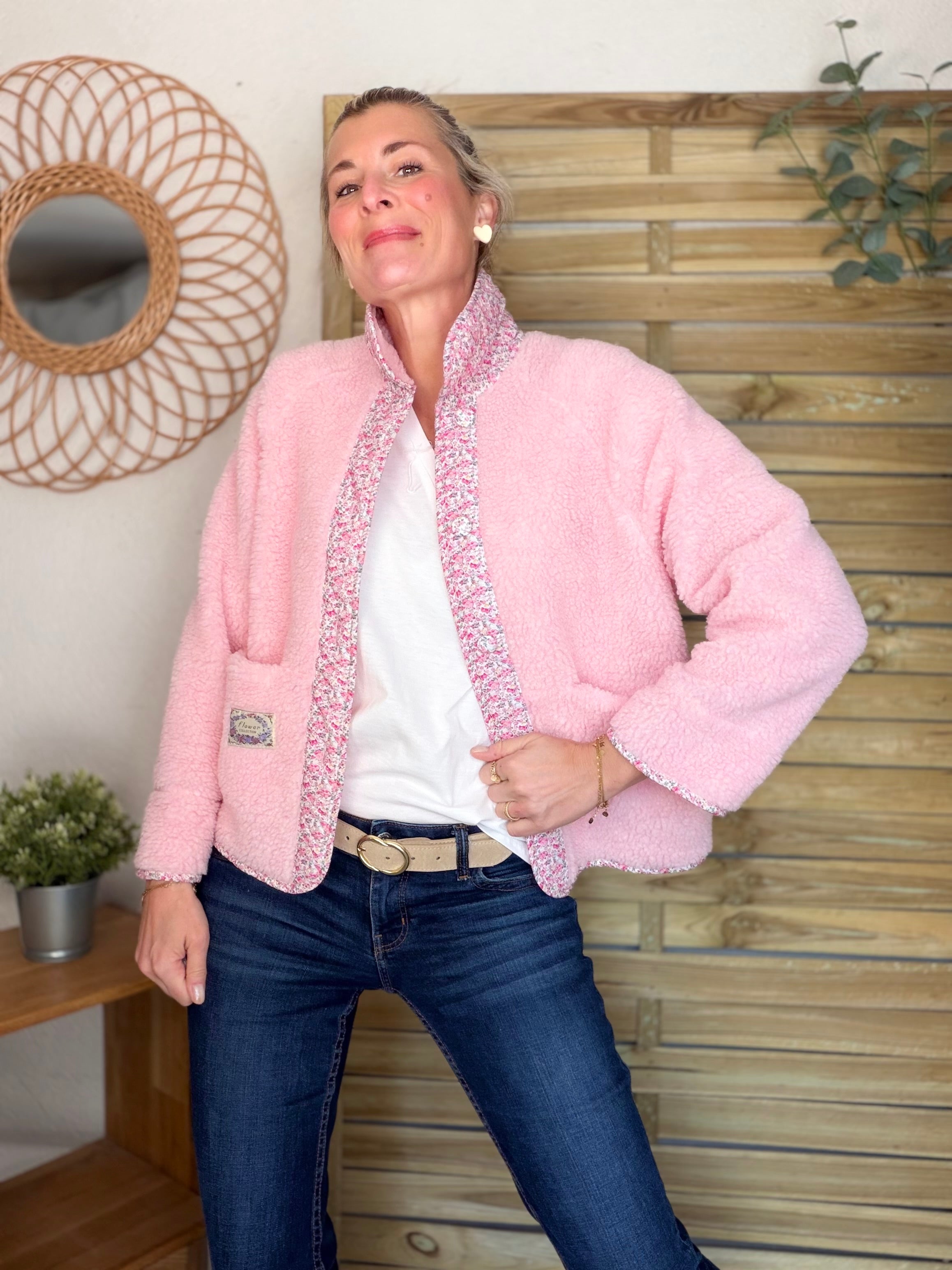 Veste Sherpa et fleurs LÉONIE Rose clair