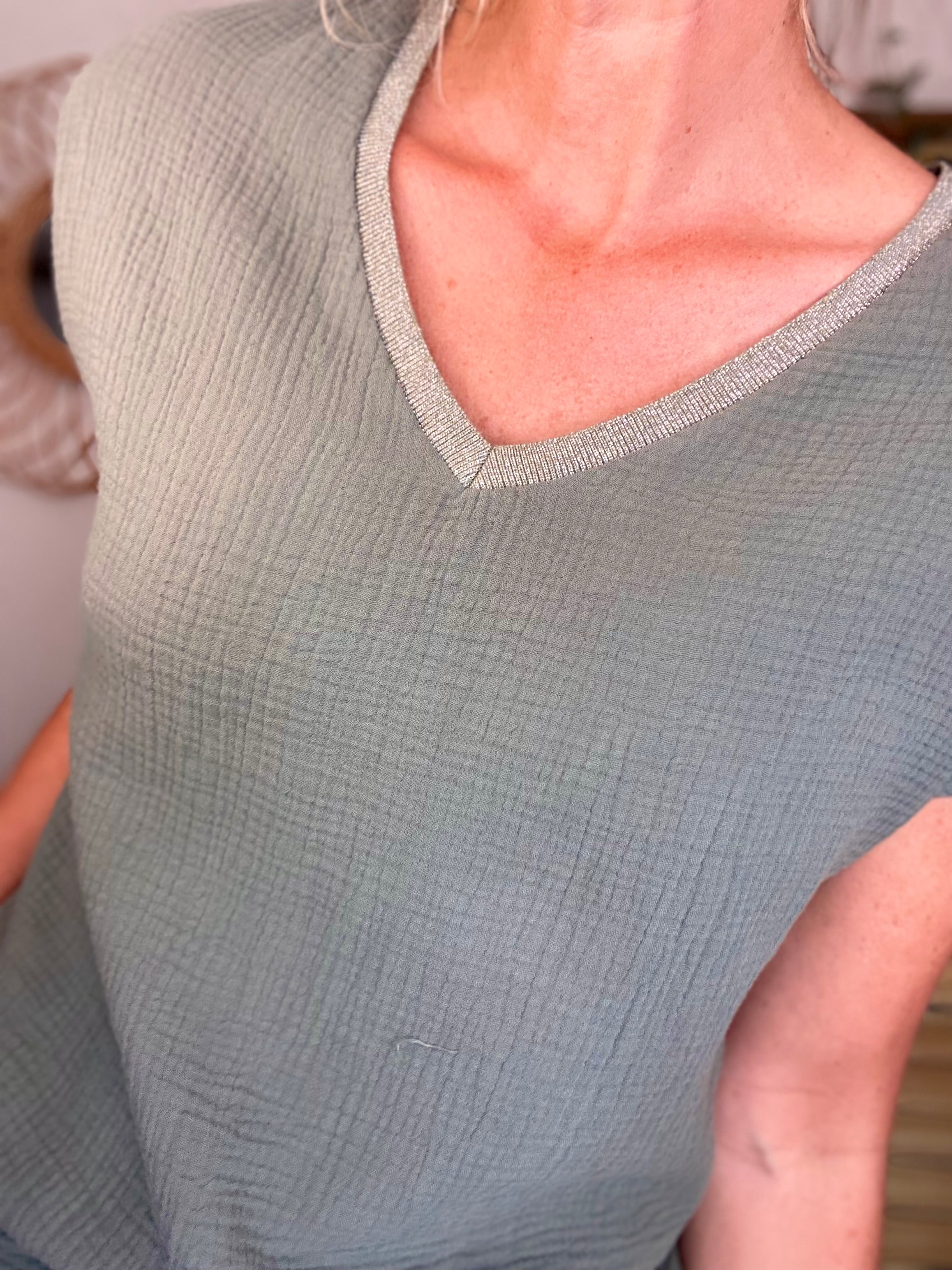 Précommande Expédition mi mai - Top en gaze de coton et lurex MARTA - Kaki