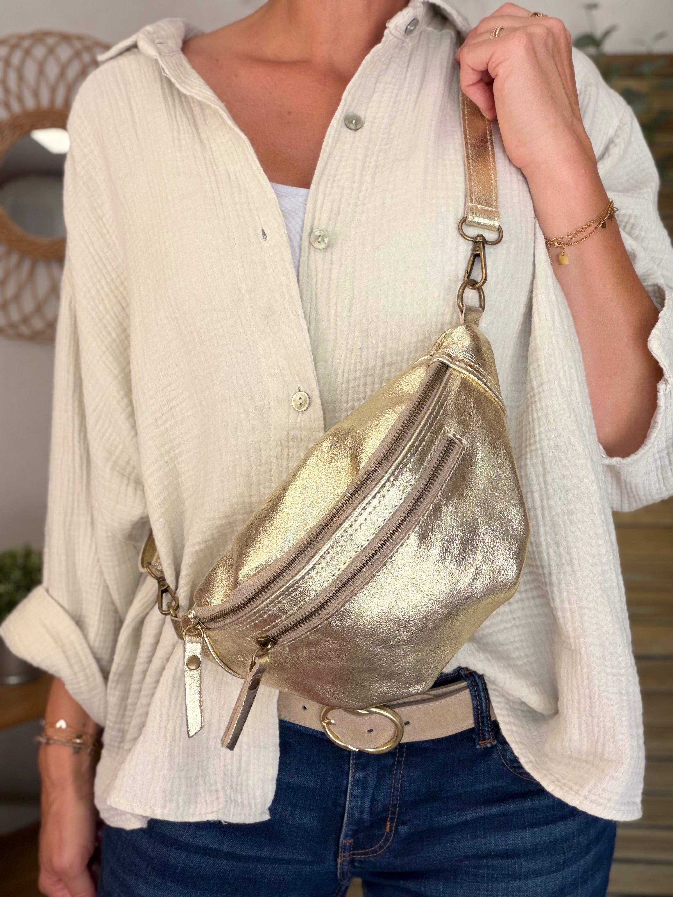 Sac banane en cuir irisé double poche - OPALE - Doré / Étain