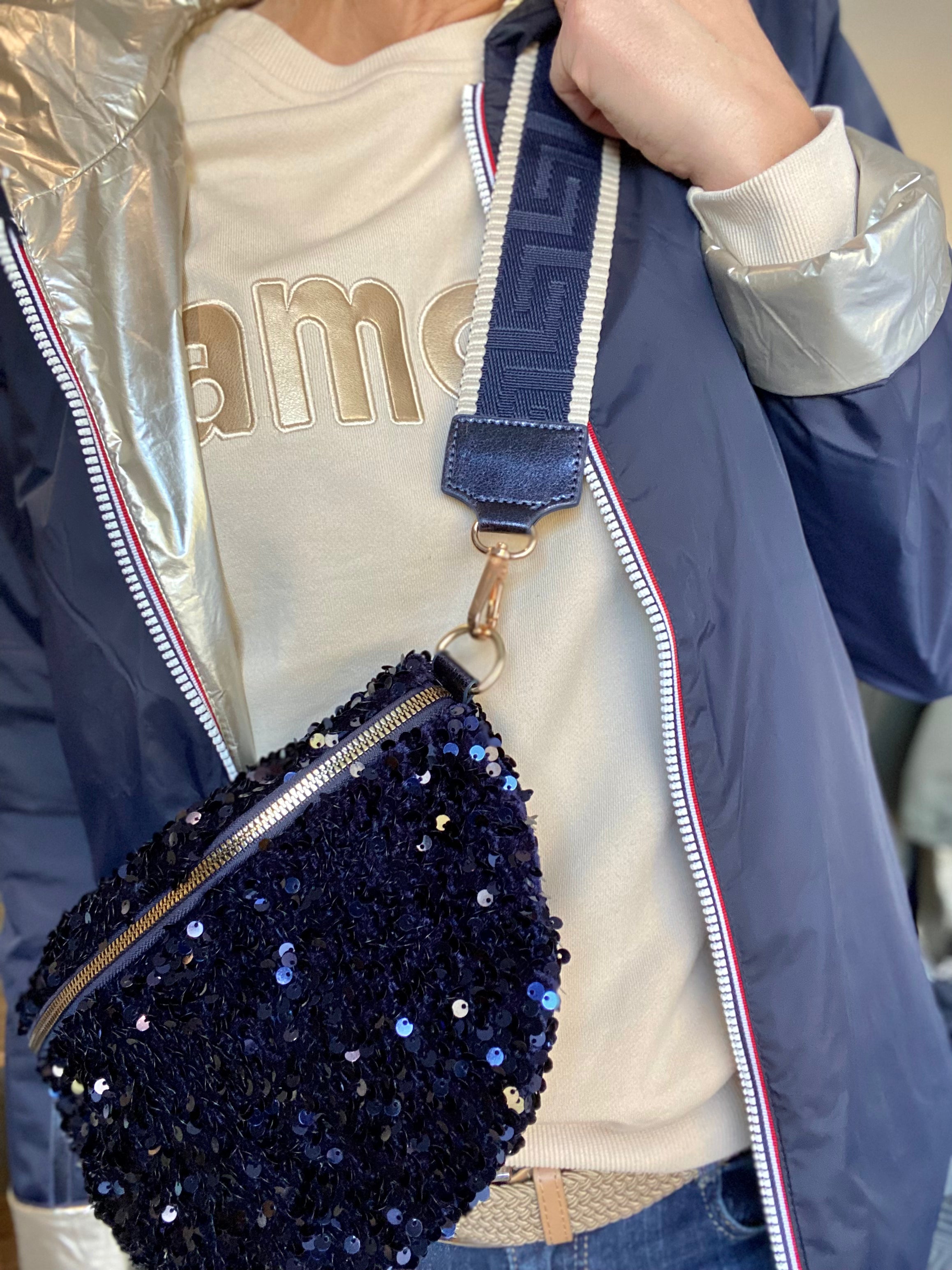 Sac banane L à sequins 30cm et sangle fantaisie - ROXY - Bleu marine