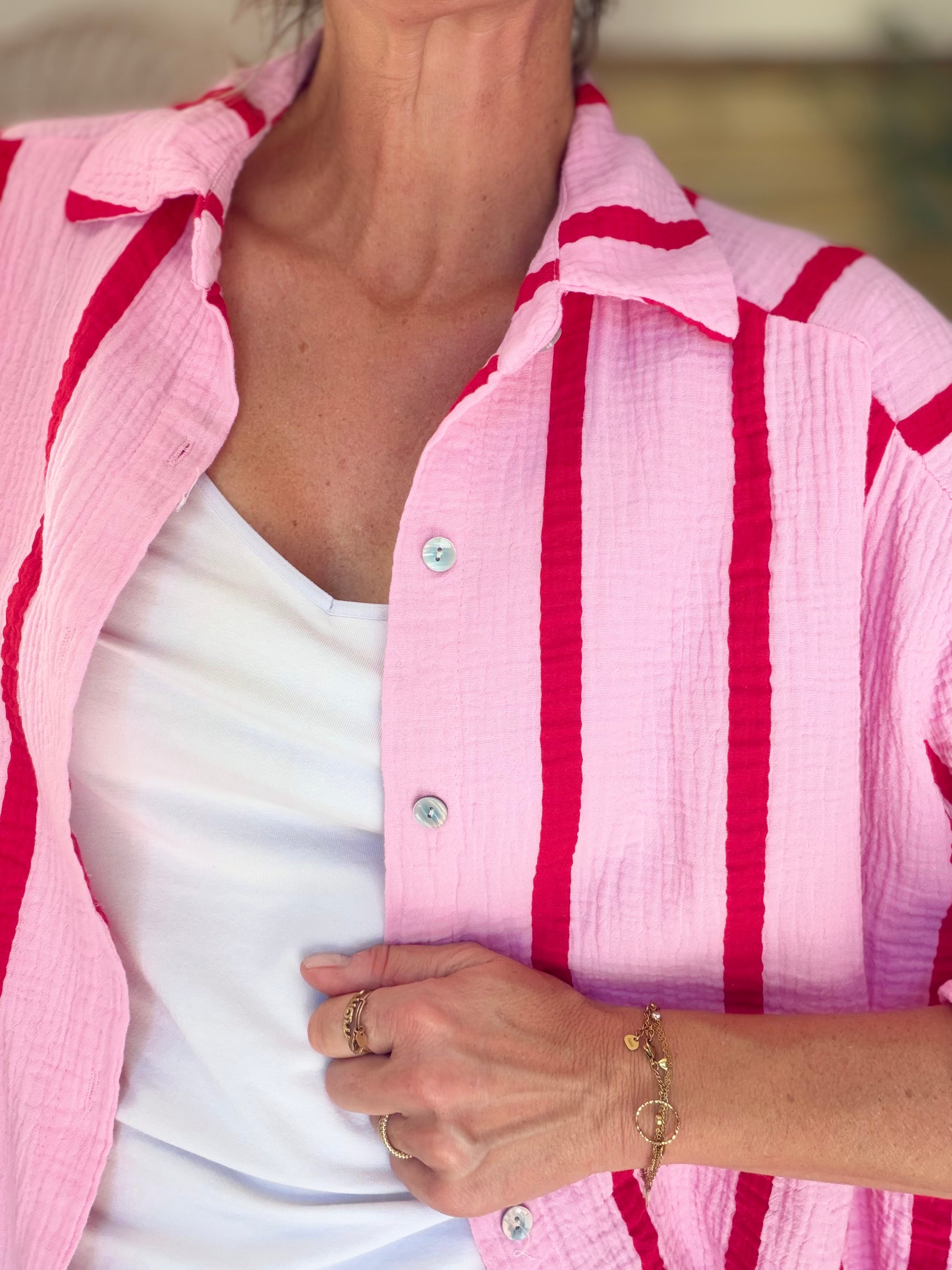 Chemise en gaze de coton rayé FÉLICIE Rose rouge