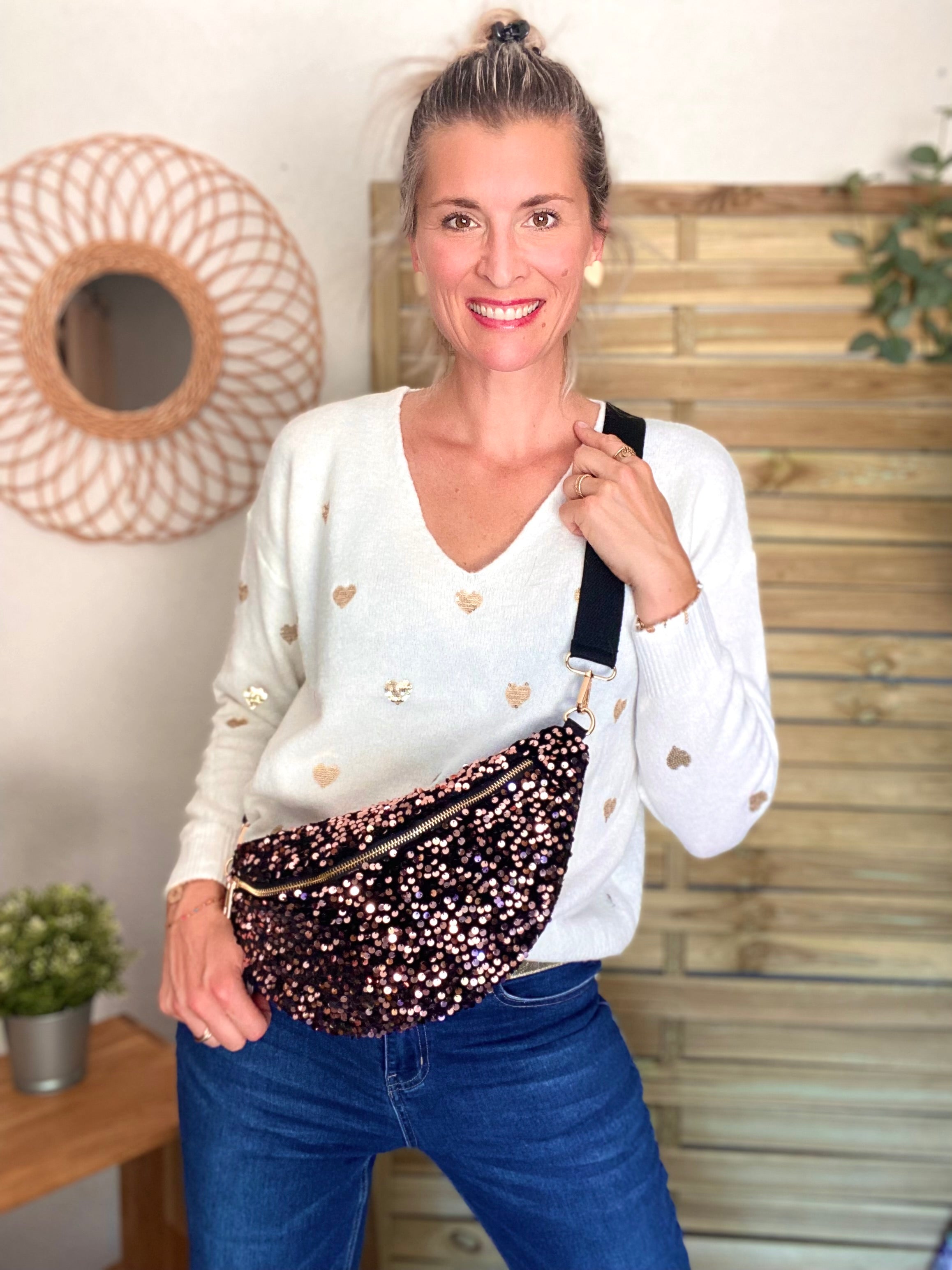 Sac banane L velours à sequins Ciao Boum - TAYLOR - Noir à sequins rosés