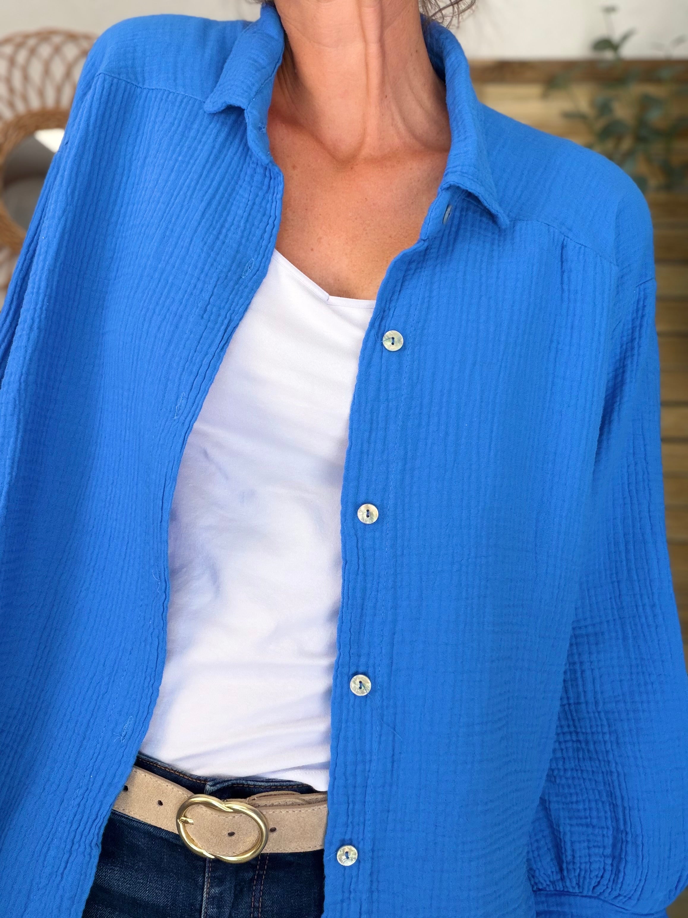 Chemise en gaze de coton unie FÉLICIA Bleu électrique