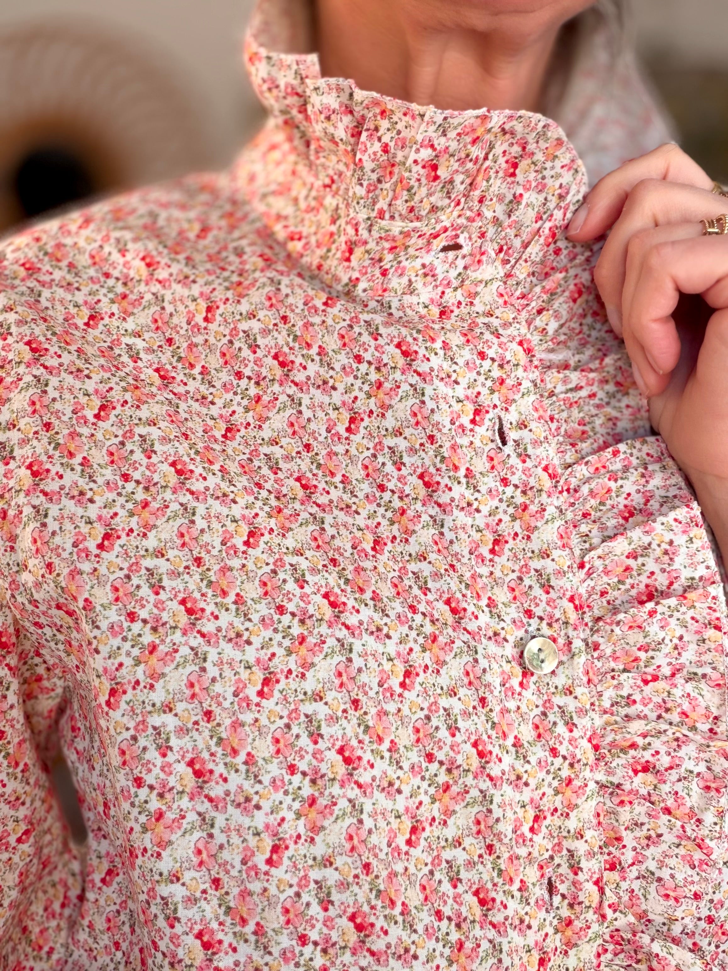 Chemise imprimée Liberty col volanté HÉLOÏSE - Rouge rosé