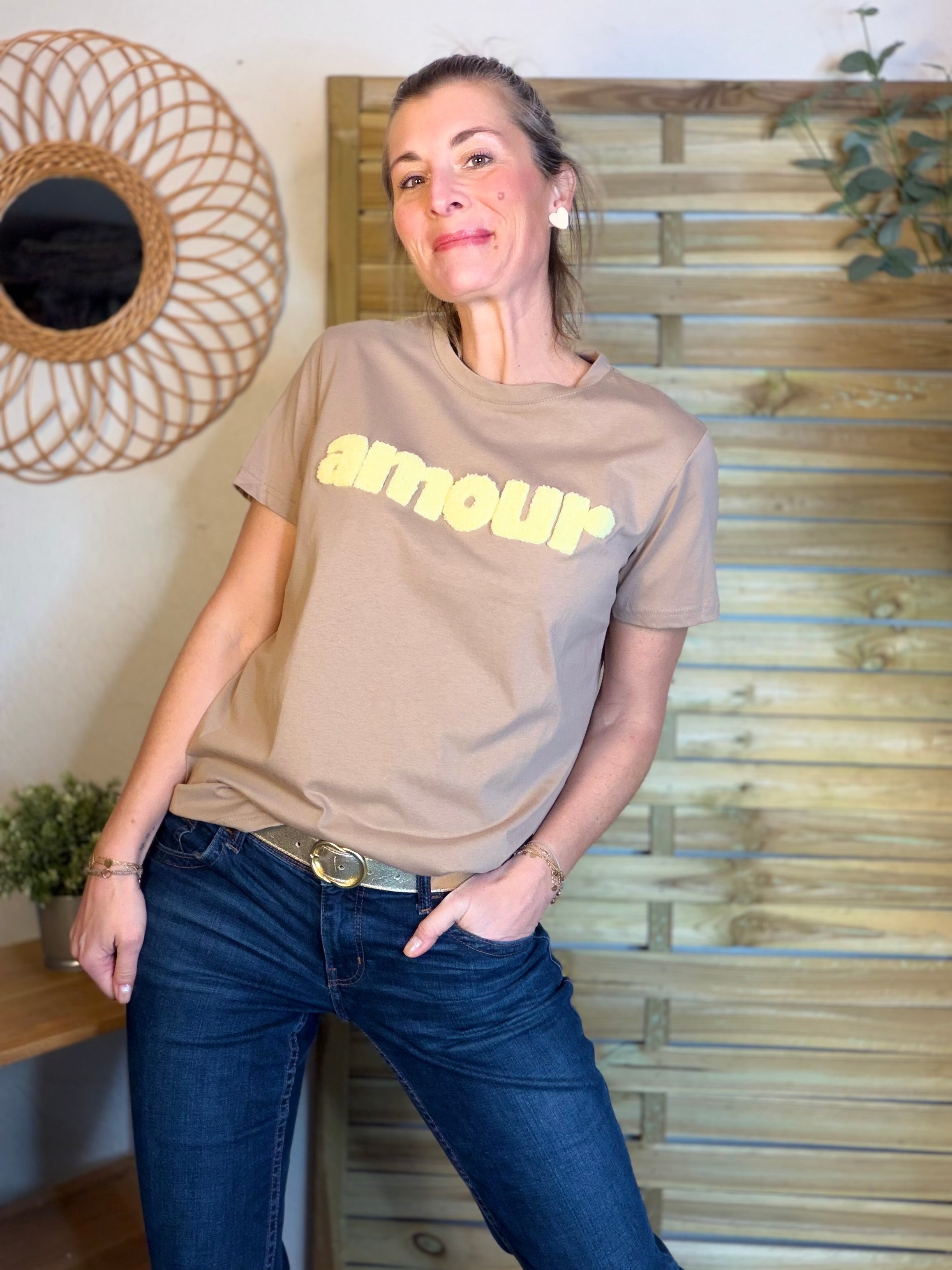 Tee shirt amour MAÏA Taupe/jaune