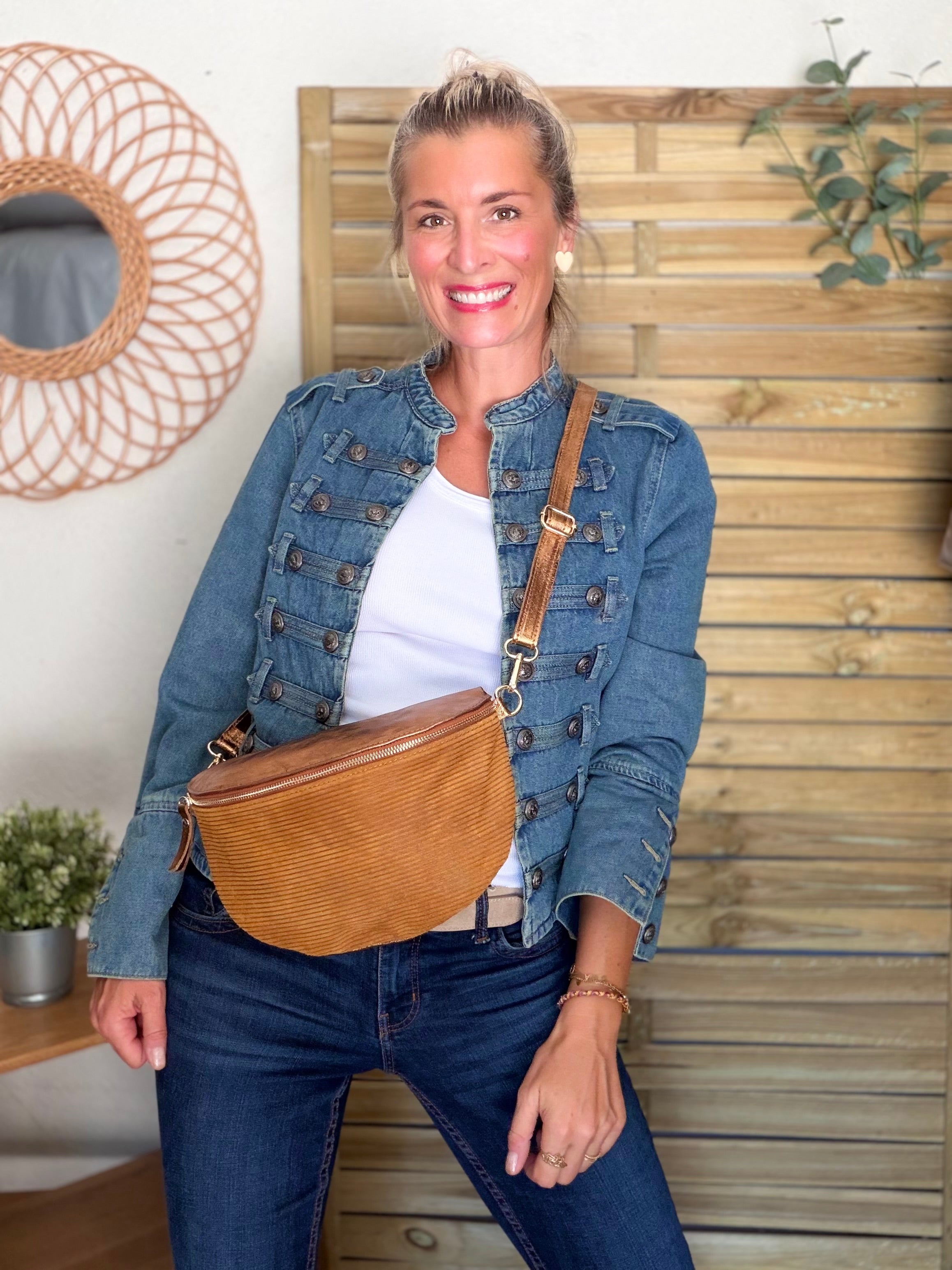 Sac banane XL 30cm en cuir irisé et velours - JANIS - Camel bi-matière