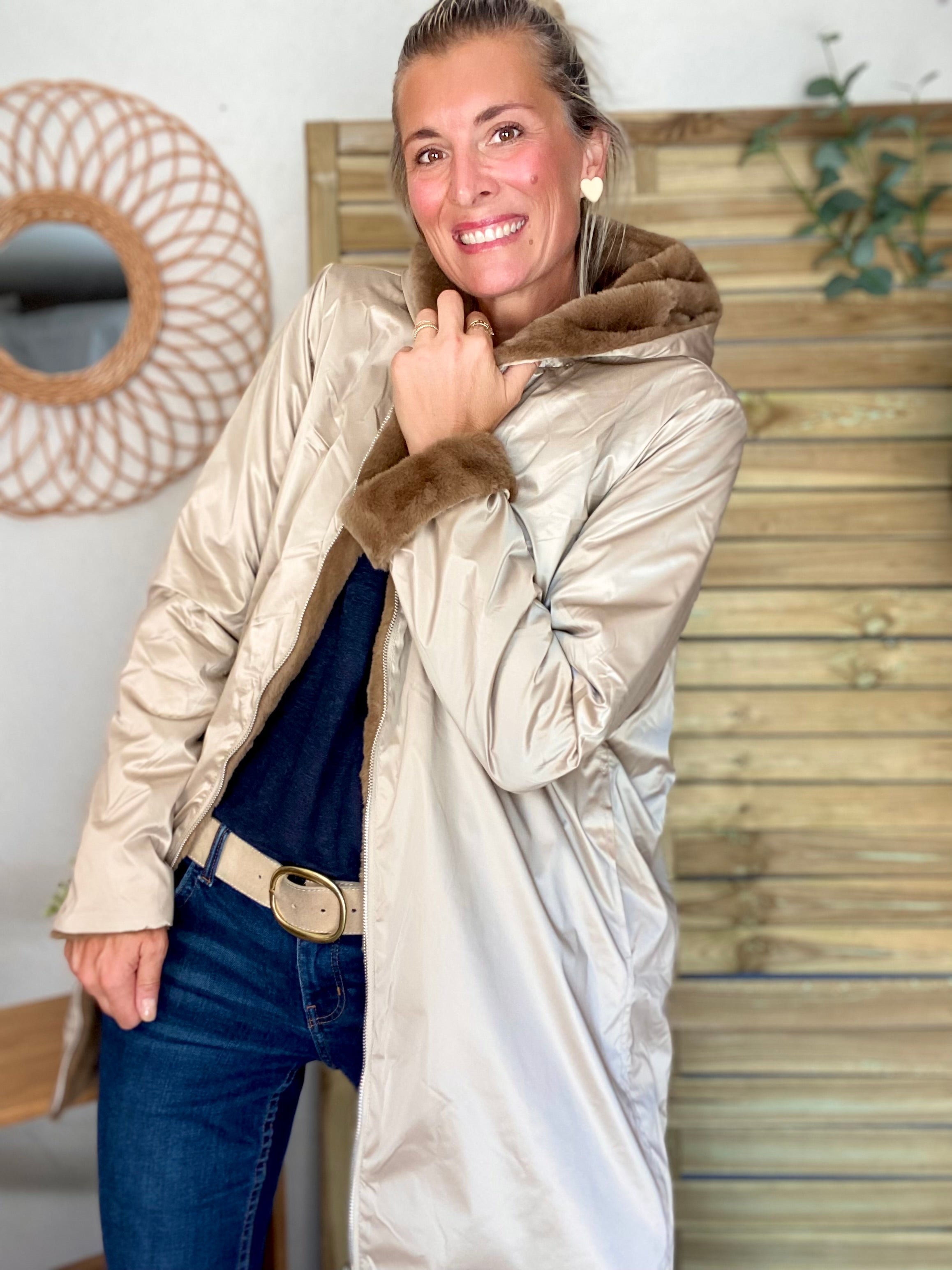 Parka Imperméable réversible fourrée Sable irisé / Camel ALIX - LAURA JO