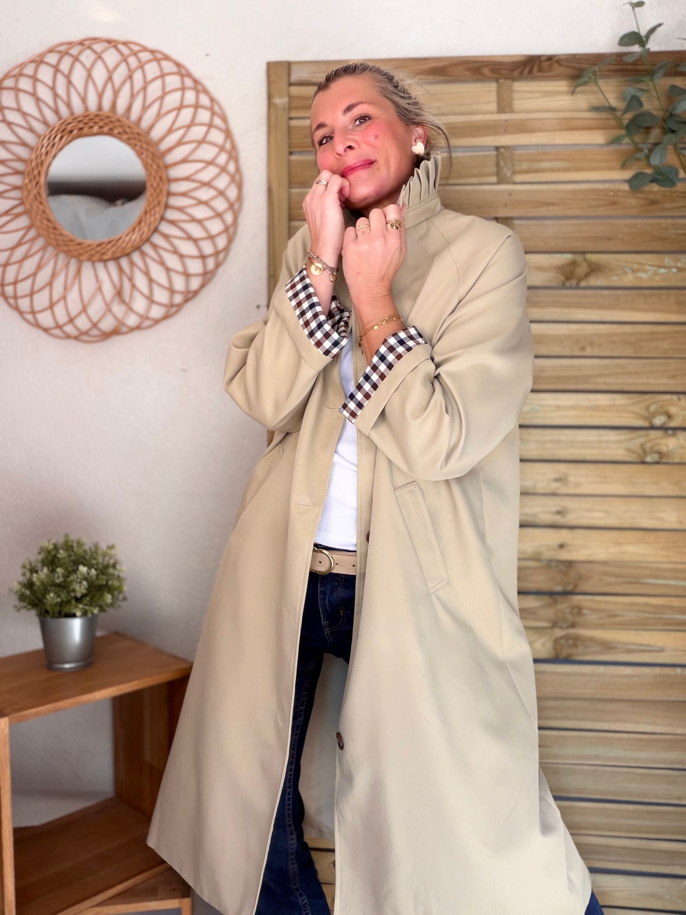 Veste Trench col victorien avec vichy - VICKY LONG Beige