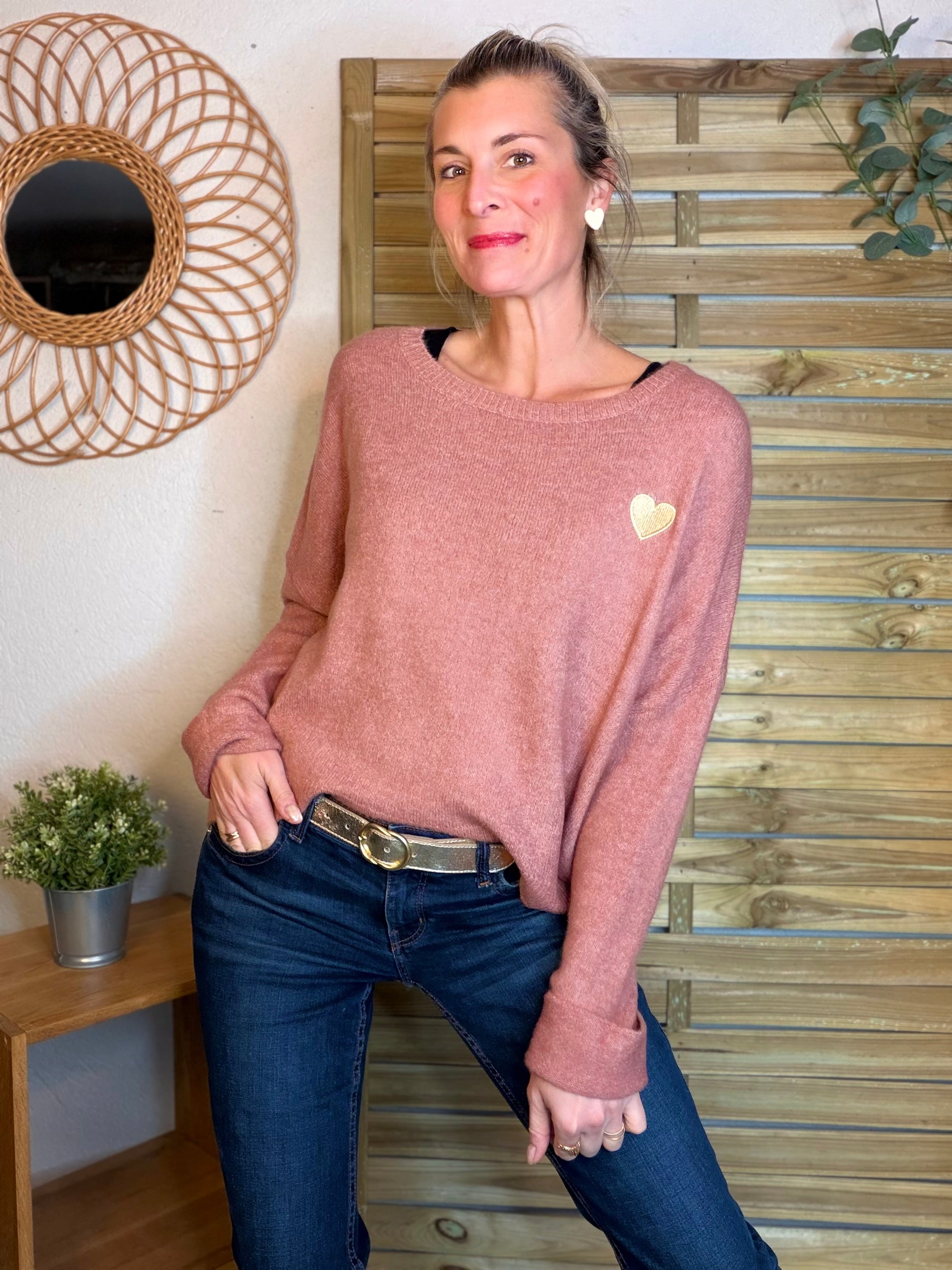 Pull léger en maille cœur doré brodé 💛 MELISSA - Vieux rose