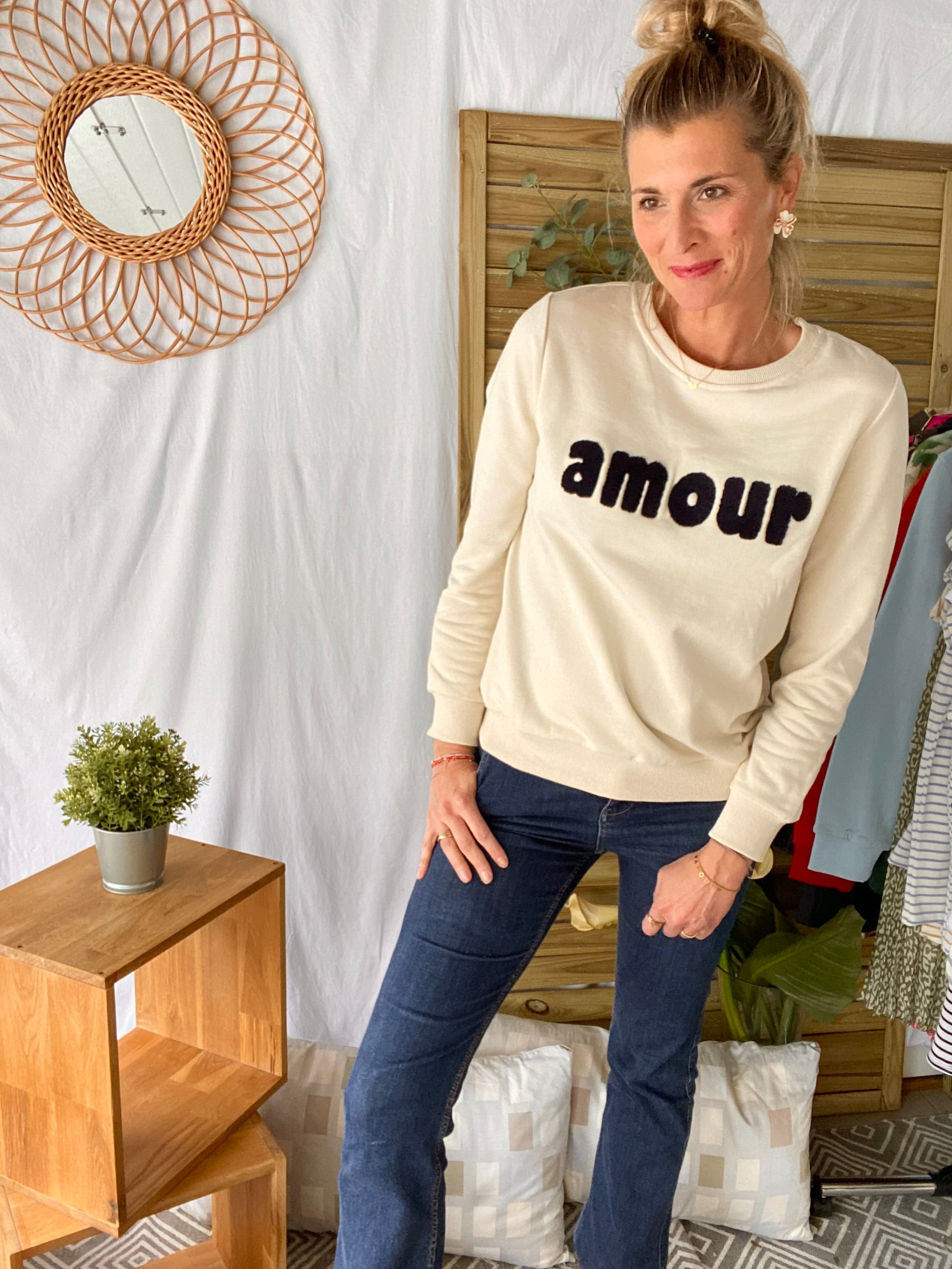 Sweat amour en coton GABRIELLE - Écru/marine - FIN DE SÉRIE