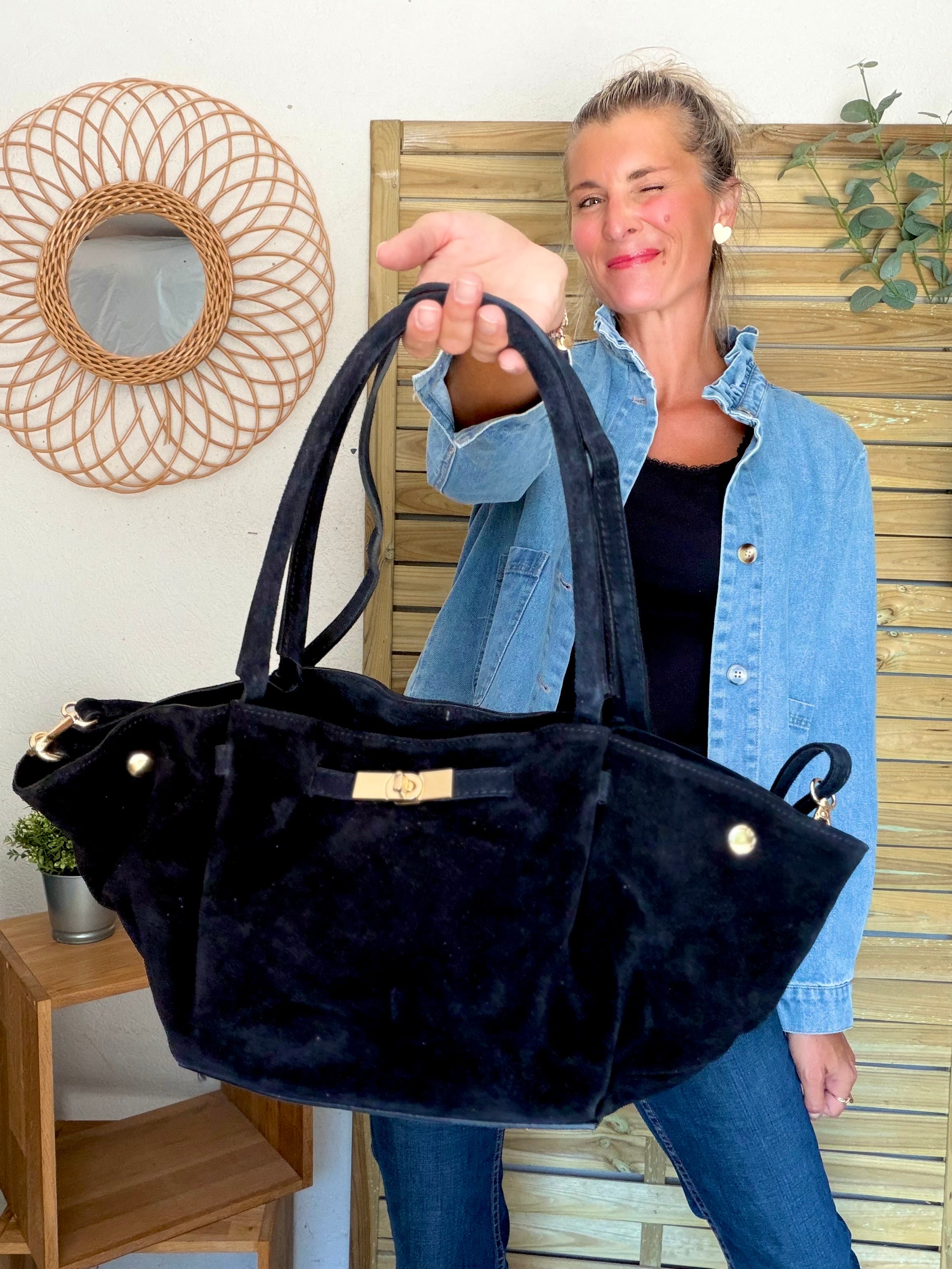 Sac cabas en cuir daim HANA - Noir