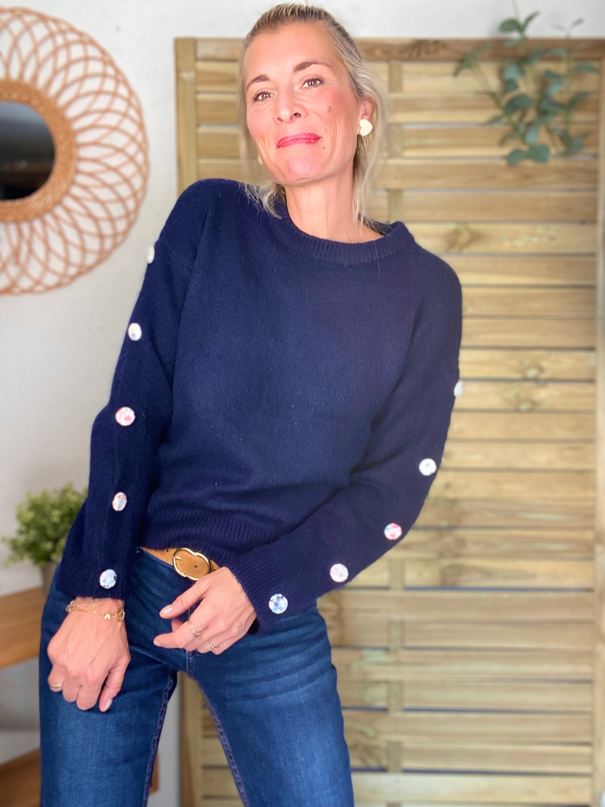 ⚡️ PÉPITES FRIDAY - Pull boutons tissu fleuri - Bleu marine - HAZEL