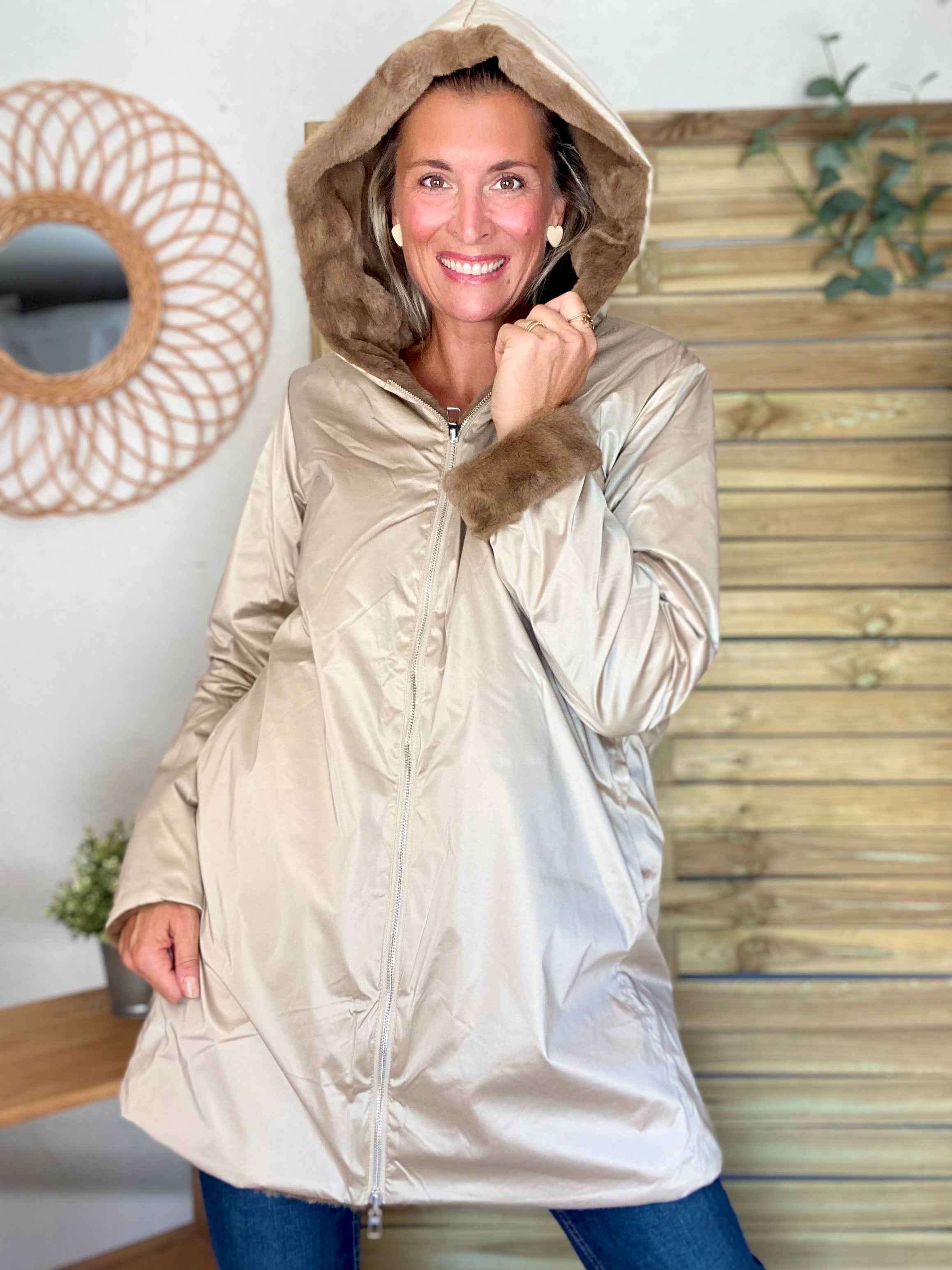 Parka Imperméable réversible fourrée Sable irisé / Camel ALIX - LAURA JO