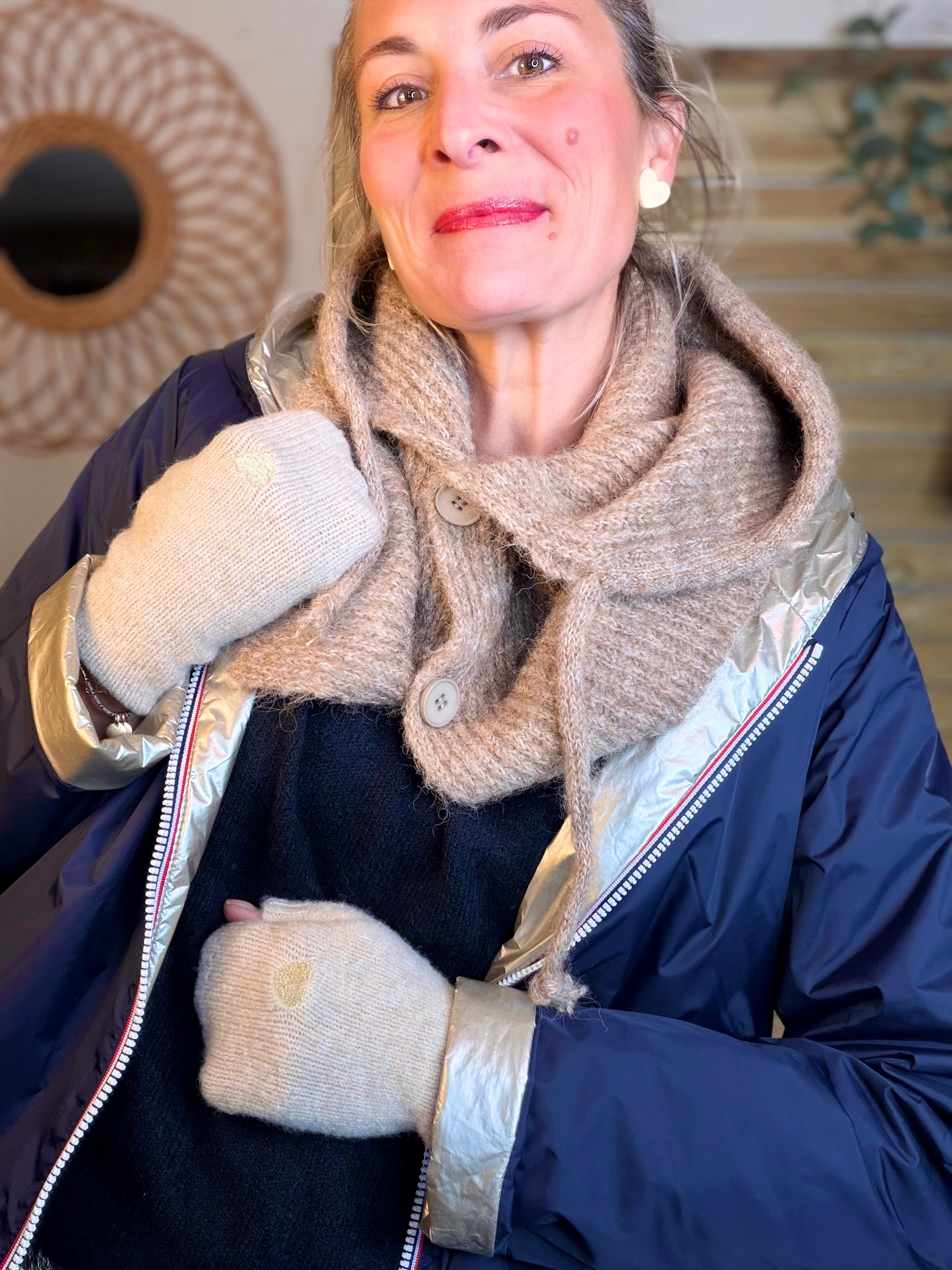 Col cagoule LORIE en maille avec bouton - Taupe