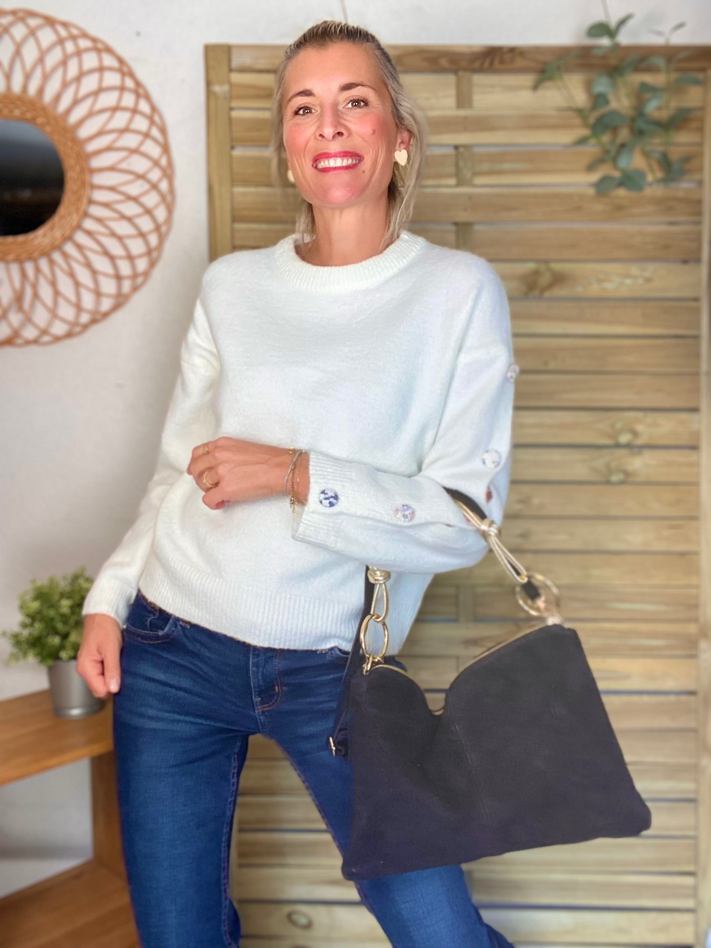 ⚡️ PÉPITES FRIDAY - Pull boutons tissu fleuri - Blanc - HAZEL