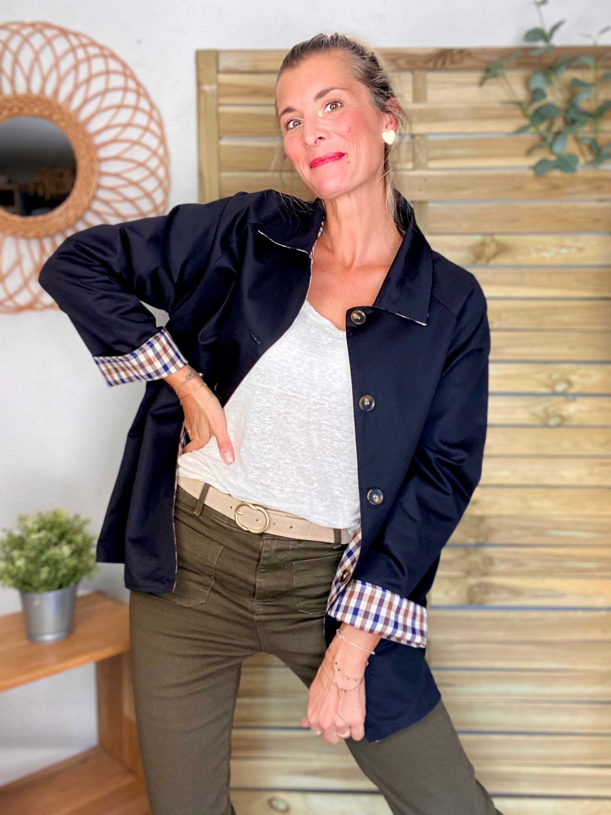 Veste Trench mi long réversible vichy LENA - Noir