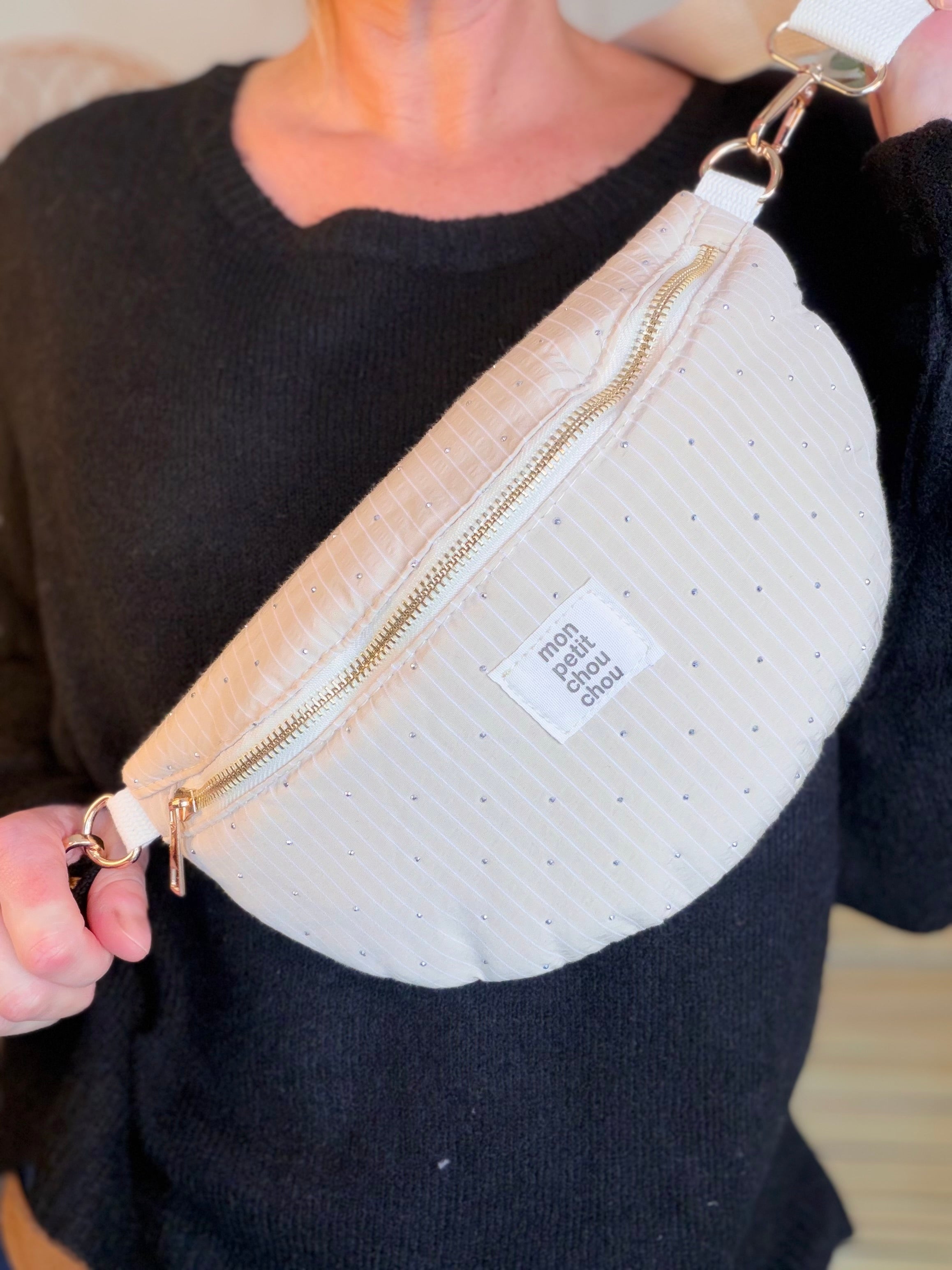 Sac banane avec strass BONNIE - Rayée beige