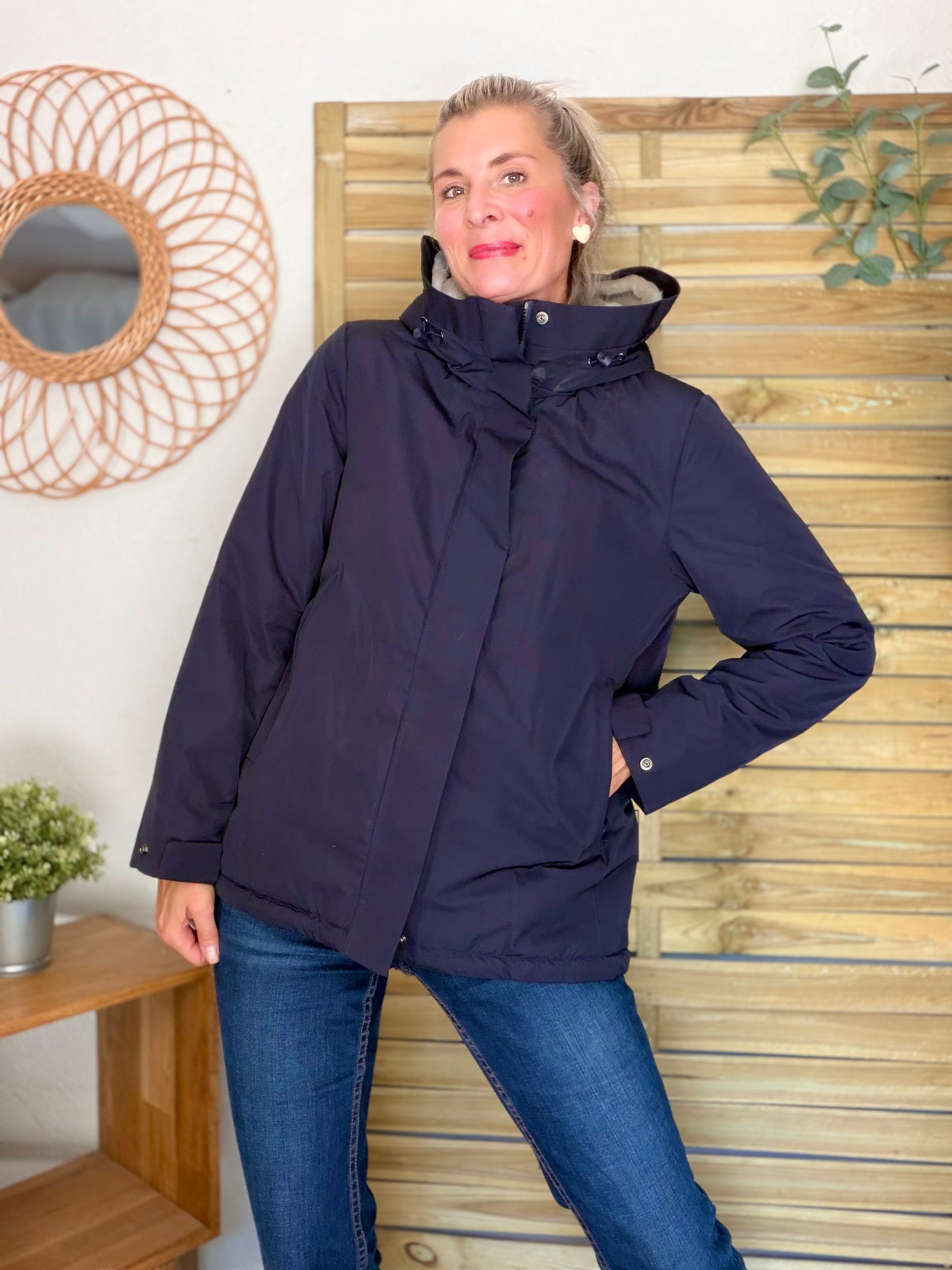 LAURA JO - Parka fourrée imperméable AMBRE MI-LONG - Bleu marine / Beige