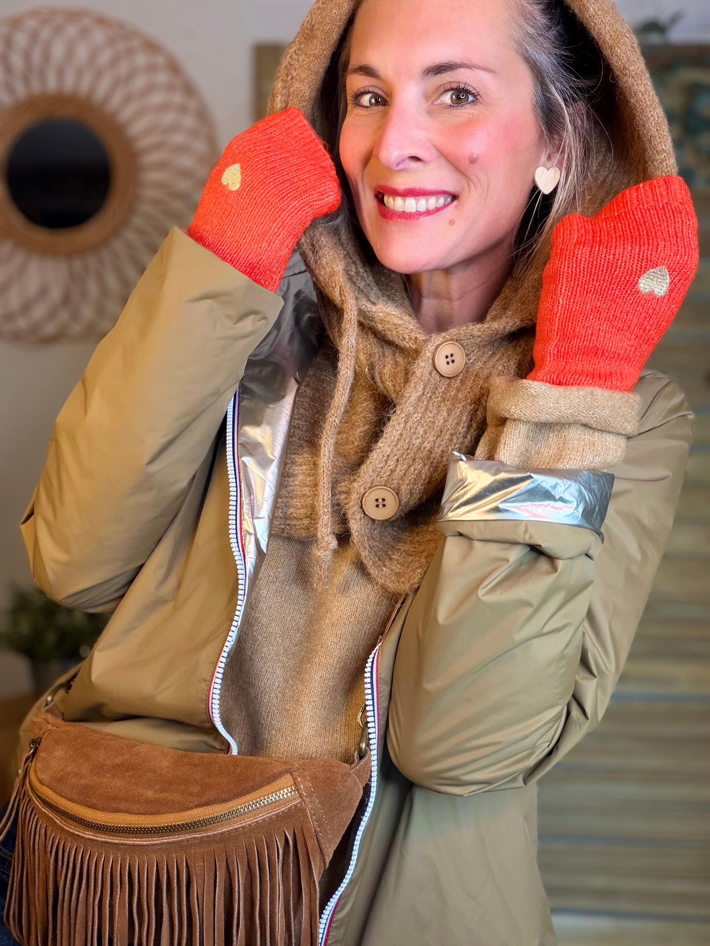Col cagoule LORIE en maille avec bouton - Camel