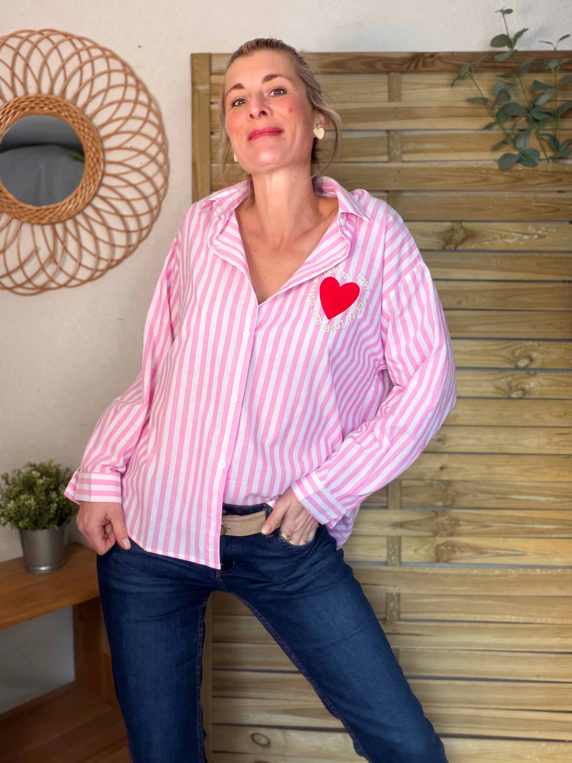 Chemise rose rayée brodée QUE DU LOVE ❤️ SERENA