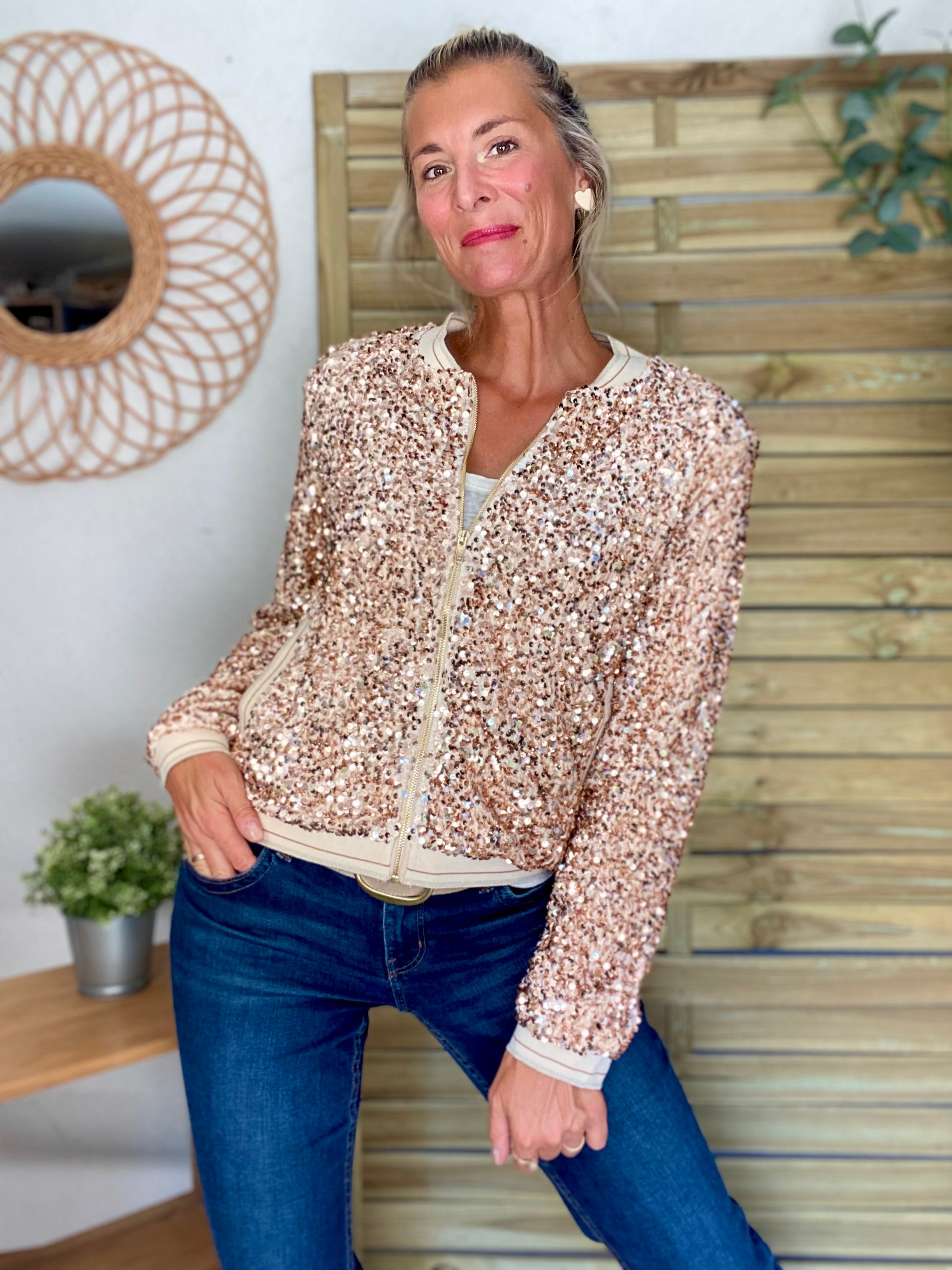 Veste bombers beige avec sequins Rose Gold KIM