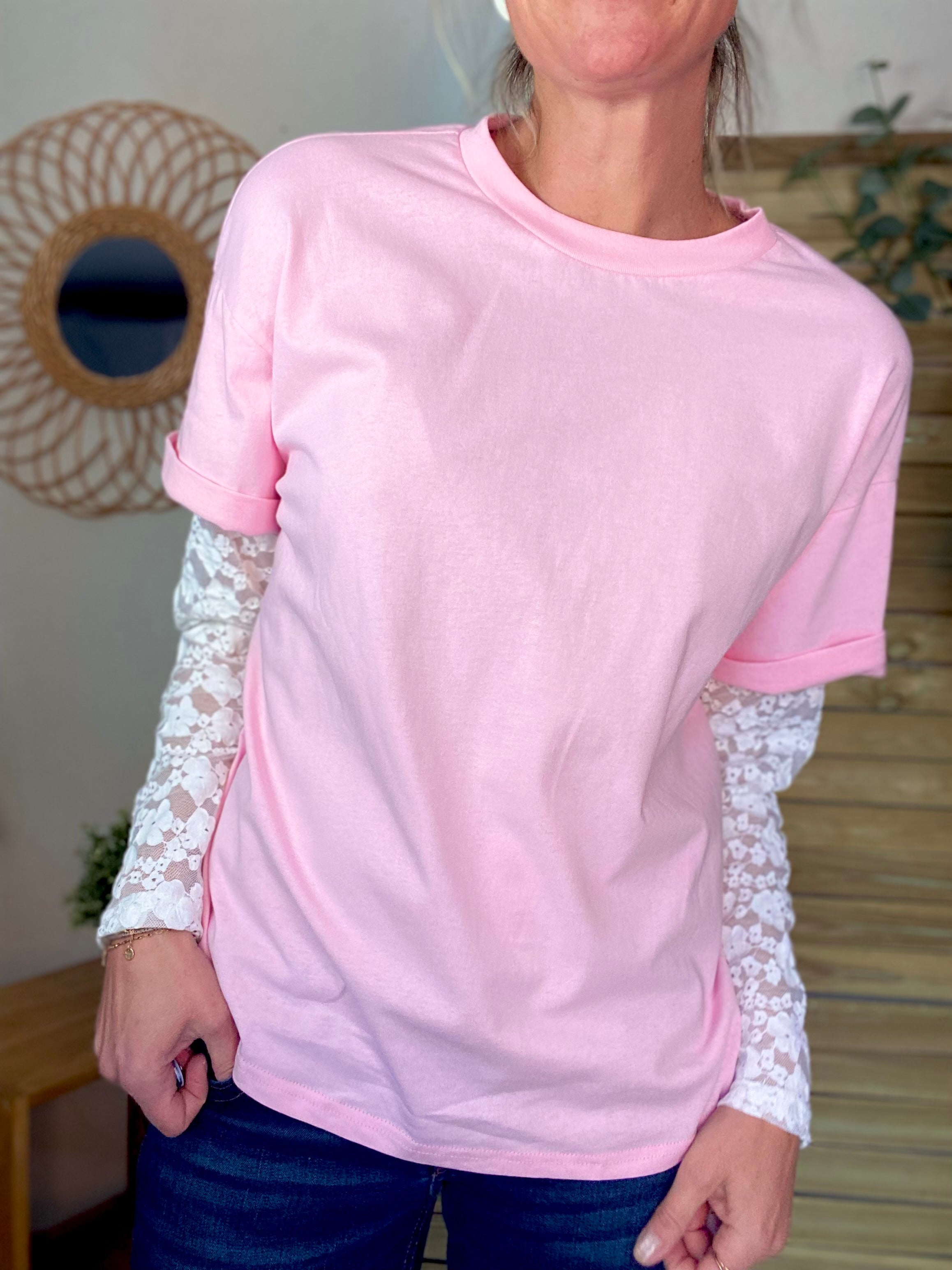 Tee shirt avec manches longues dentelle PAMELA - Rose