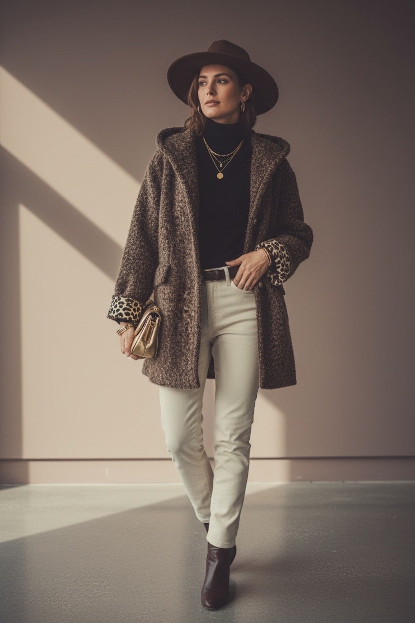 Manteau en laine EUGÉNIE avec détails Léo 🐆 - Chocolat