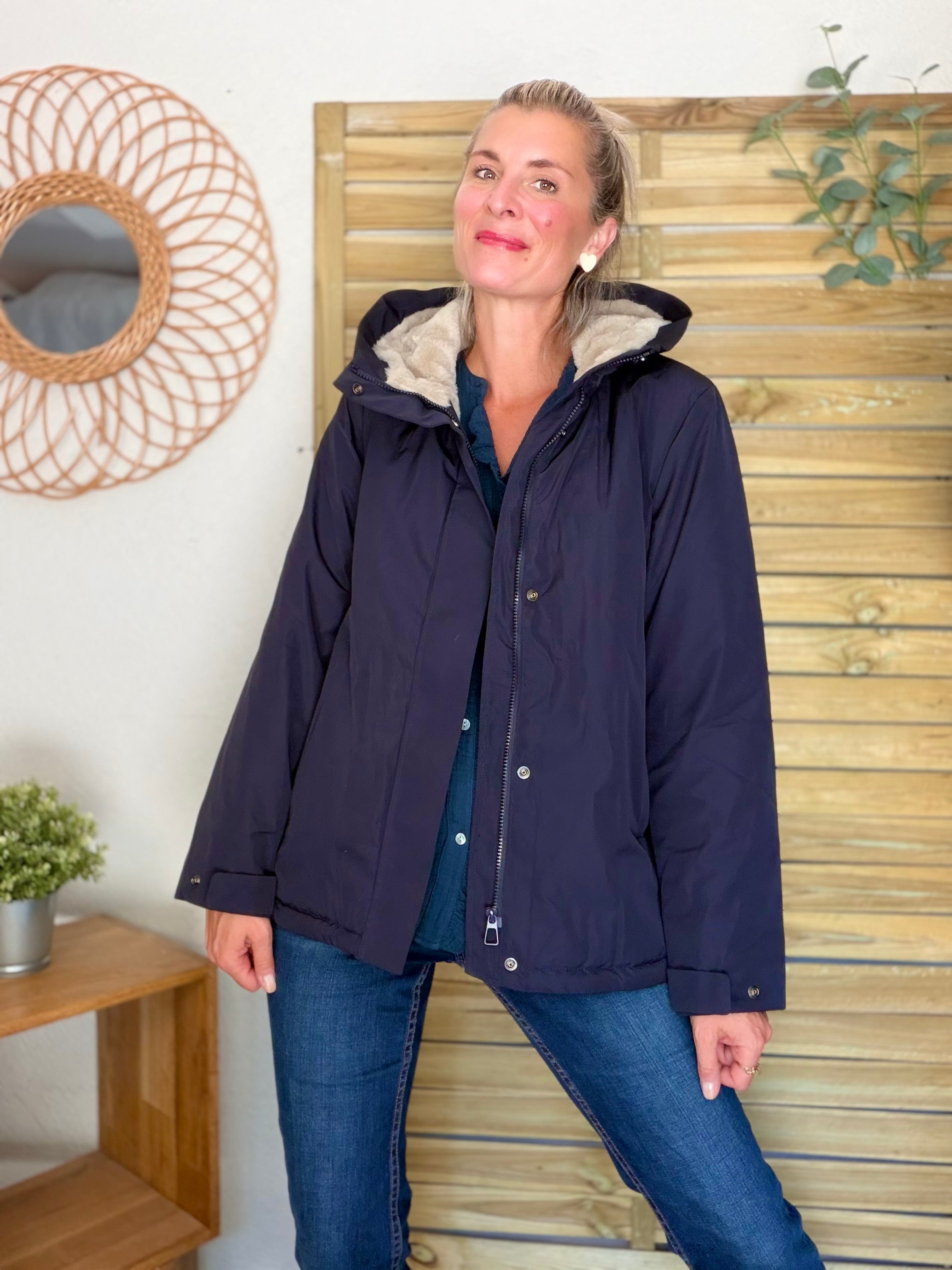 LAURA JO - Parka fourrée imperméable AMBRE MI-LONG - Bleu marine / Beige