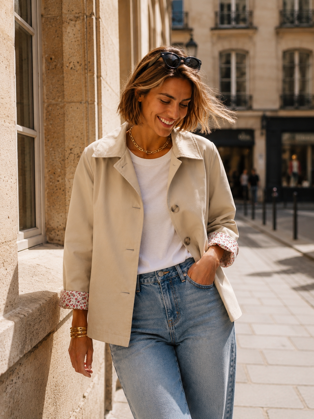 Veste Trench en coton avec Liberty - JOHAN Beige
