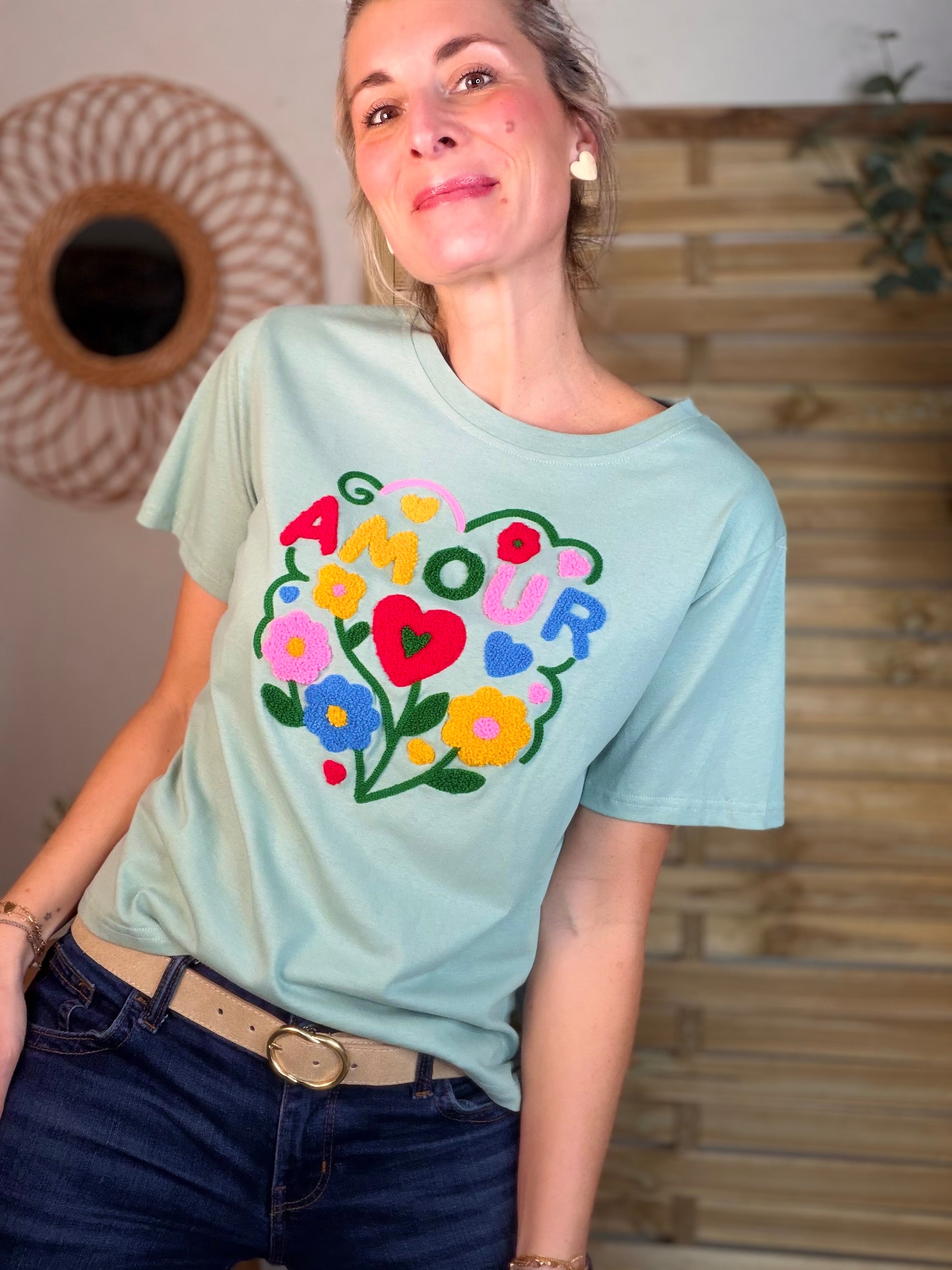 Tee shirt amour fleuri ARYA Vert sauge