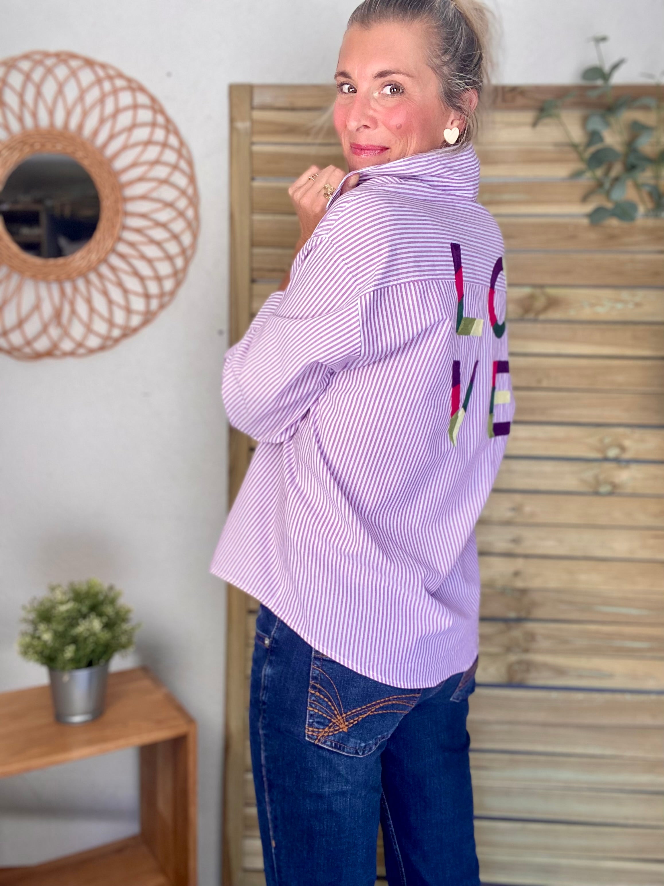 Chemise rayée brodée LOVE multico LANA - Rose cerise